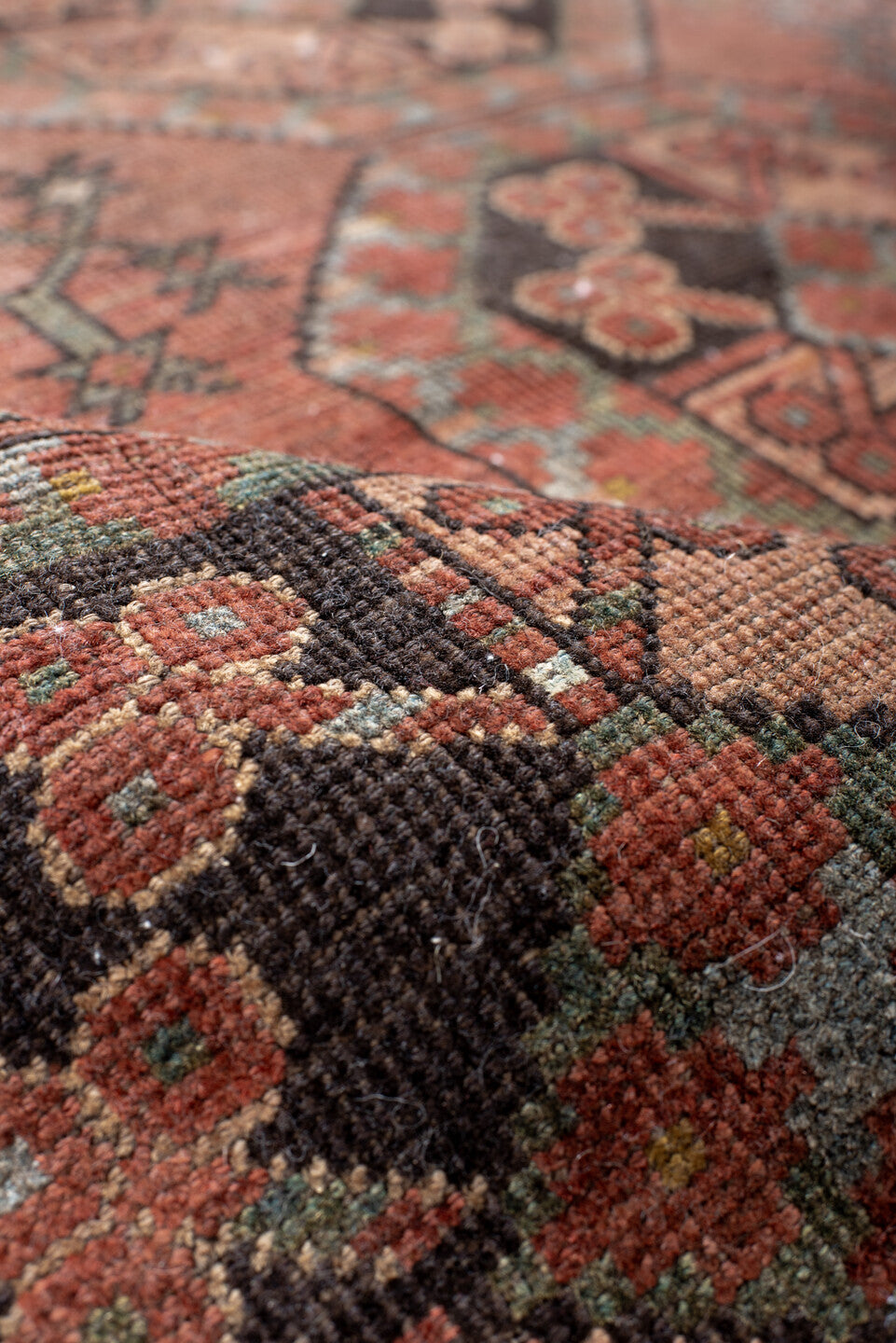 3' x 3' one-of-a-kind handmade vintage Afghan small size rug. Color palette: black, brown, gray, light gray, off-white, pink