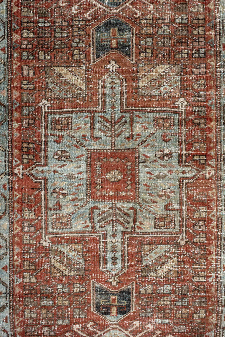 2' x 10' one-of-a-kind handmade antique Karaje runner rug. Color palette: rust, ivory, pale blue, taupe, charcoal, camel