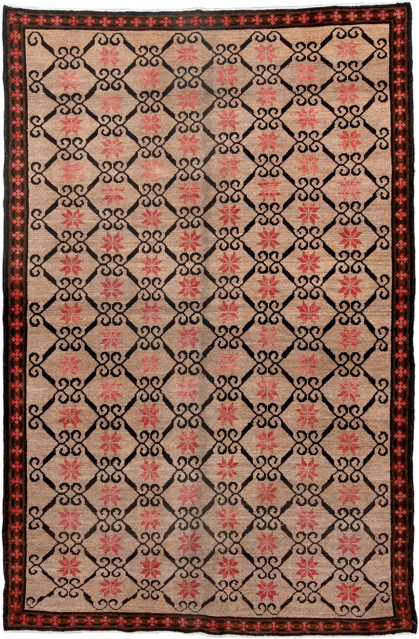 6' x 9' one-of-a-kind handmade antique Kars medium size rug. Color palette: ivory, brown, coral, charcoal, rose, terracotta
