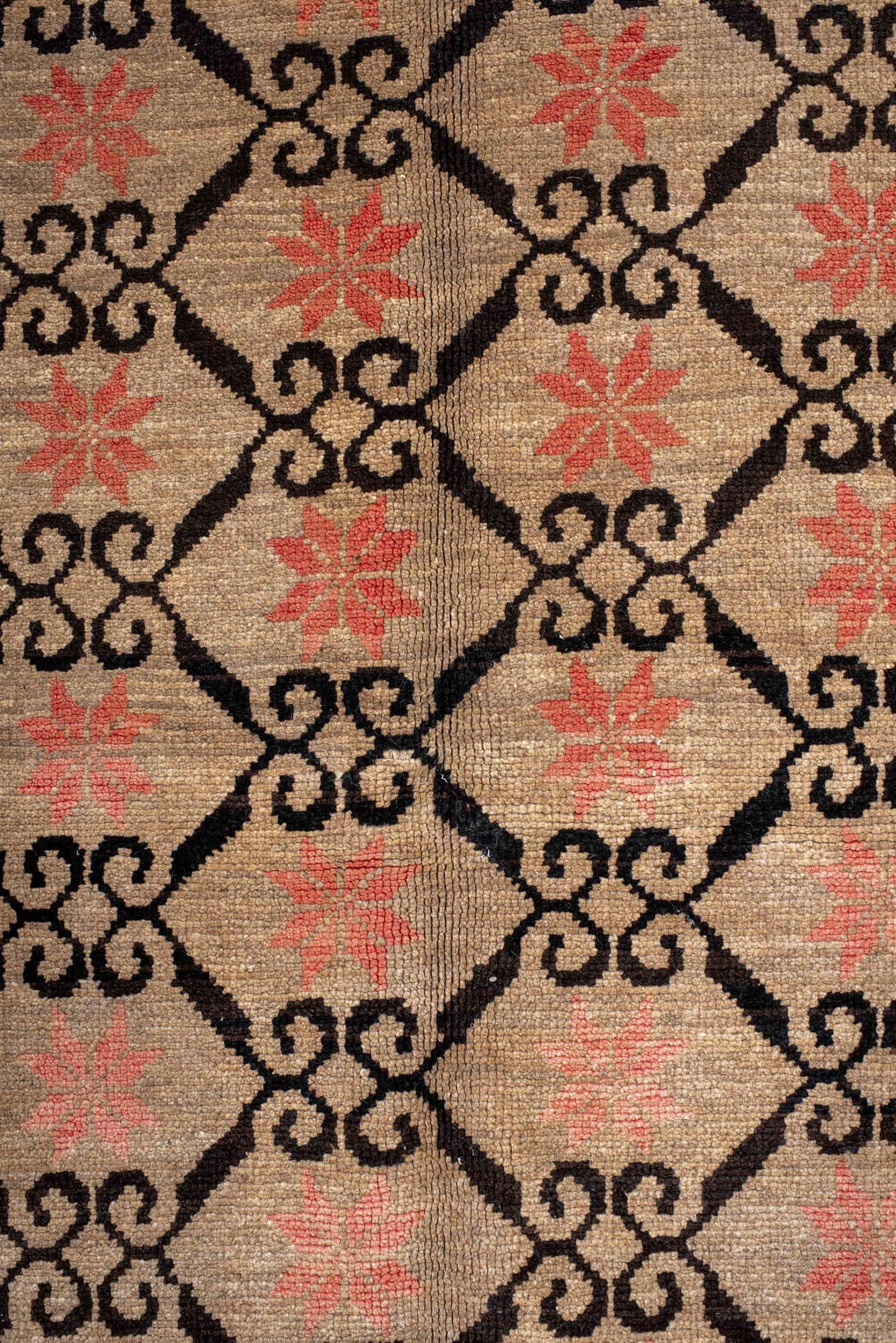 6' x 9' one-of-a-kind handmade antique Kars medium size rug. Color palette: ivory, brown, coral, charcoal, rose, terracotta