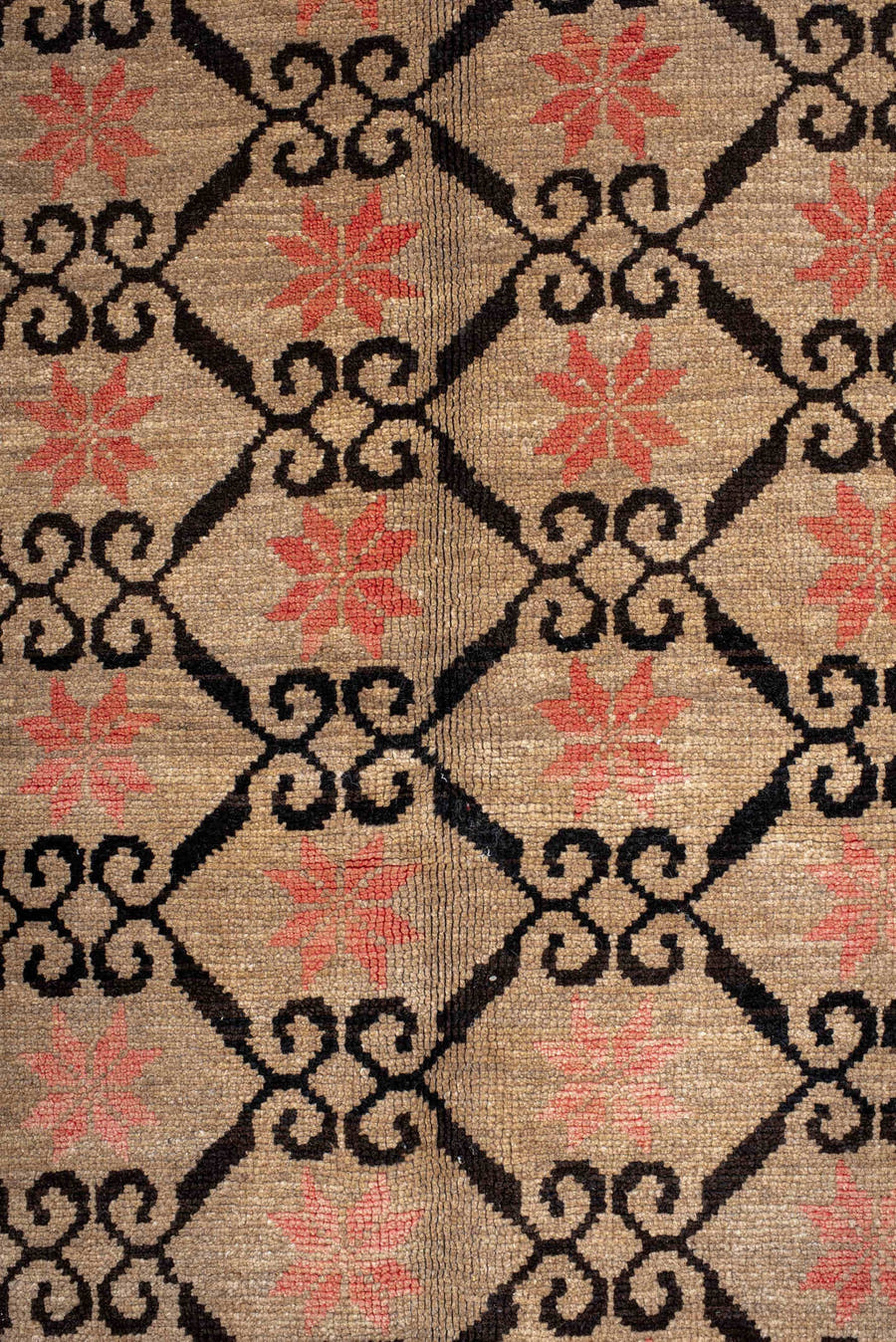 6' x 9' one-of-a-kind handmade antique Kars medium size rug. Color palette: ivory, brown, coral, charcoal, rose, terracotta