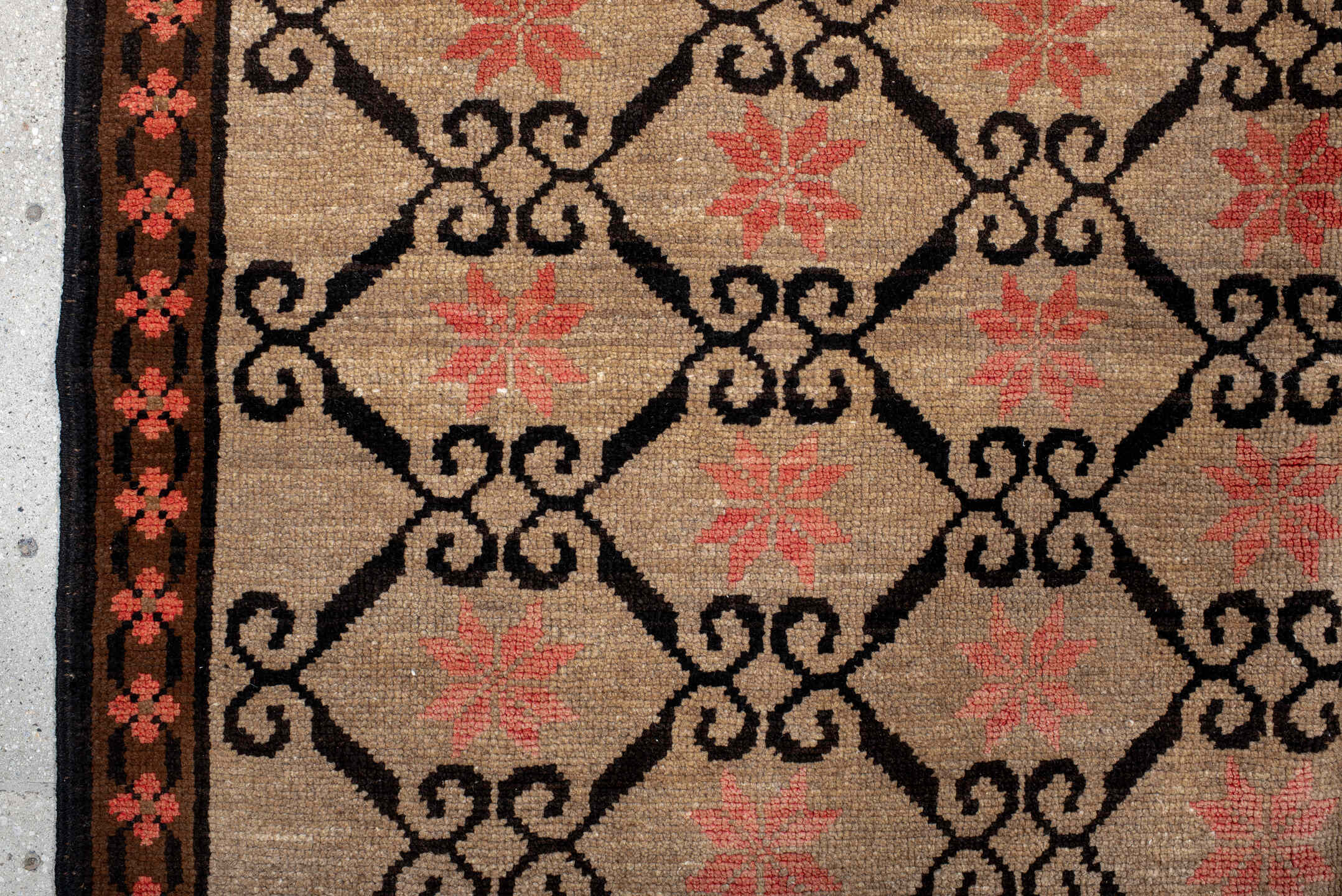 6' x 9' one-of-a-kind handmade antique Kars medium size rug. Color palette: ivory, brown, coral, charcoal, rose, terracotta