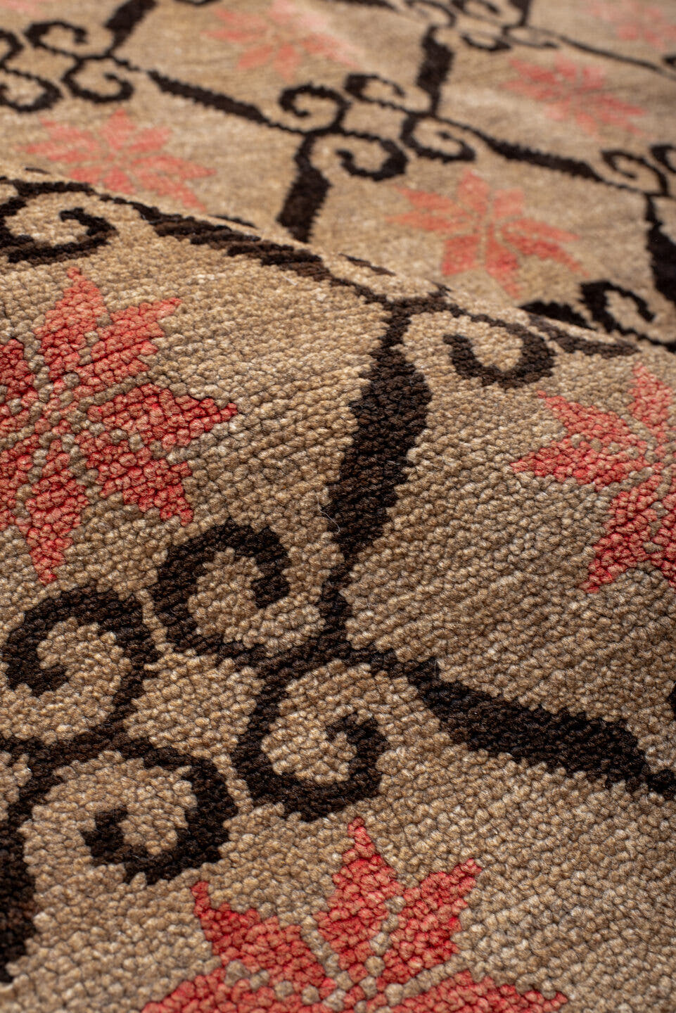 6' x 9' one-of-a-kind handmade antique Kars medium size rug. Color palette: ivory, brown, coral, charcoal, rose, terracotta