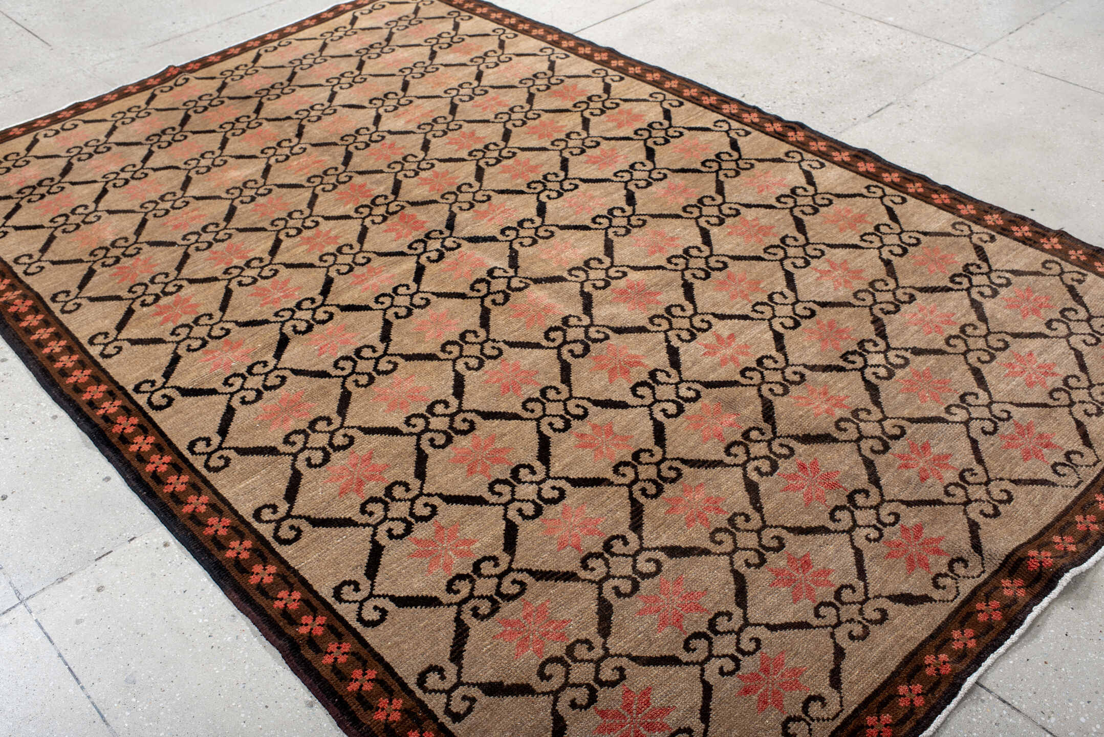 6' x 9' one-of-a-kind handmade antique Kars medium size rug. Color palette: ivory, brown, coral, charcoal, rose, terracotta