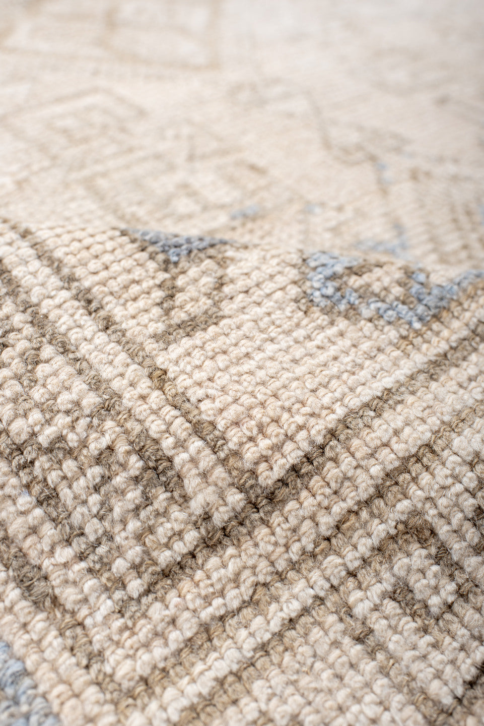 3' x 6' one-of-a-kind handmade vintage Anatol small size rug. Color palette: gray, light gray, off-white, pink, linen