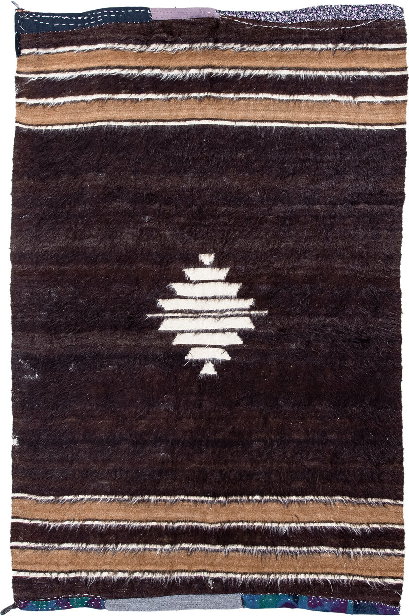 4' x 6' one-of-a-kind handmade antique Tulu small size rug. Color palette: brown, camel, ivory, charcoal, beige, gray, black