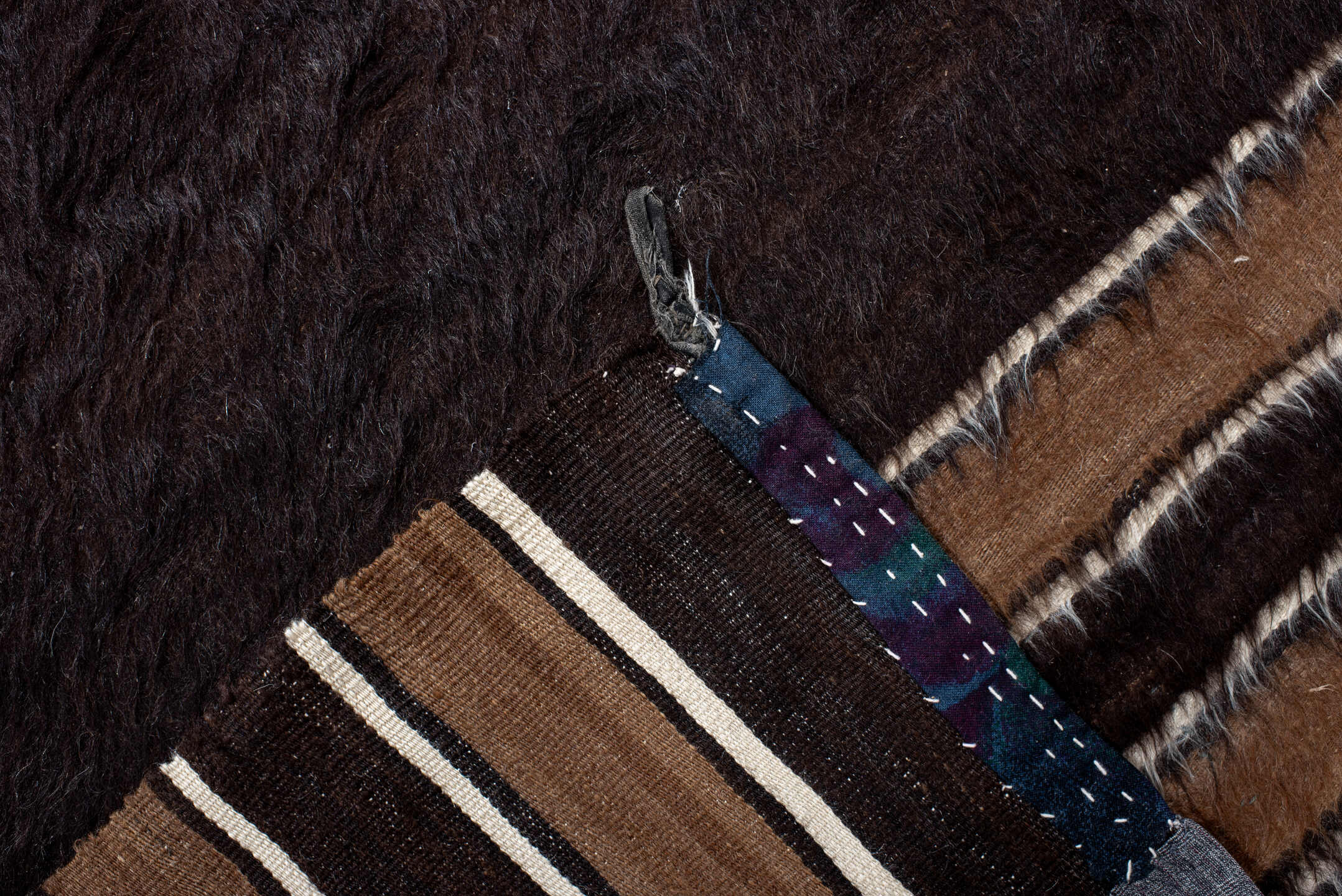 4' x 6' one-of-a-kind handmade antique Tulu small size rug. Color palette: brown, camel, ivory, charcoal, beige, gray, black