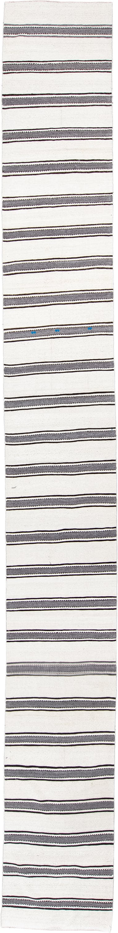 2' x 22' one-of-a-kind handmade antique Kilim runner rug. Color palette: ivory, charcoal, brown, gray, black