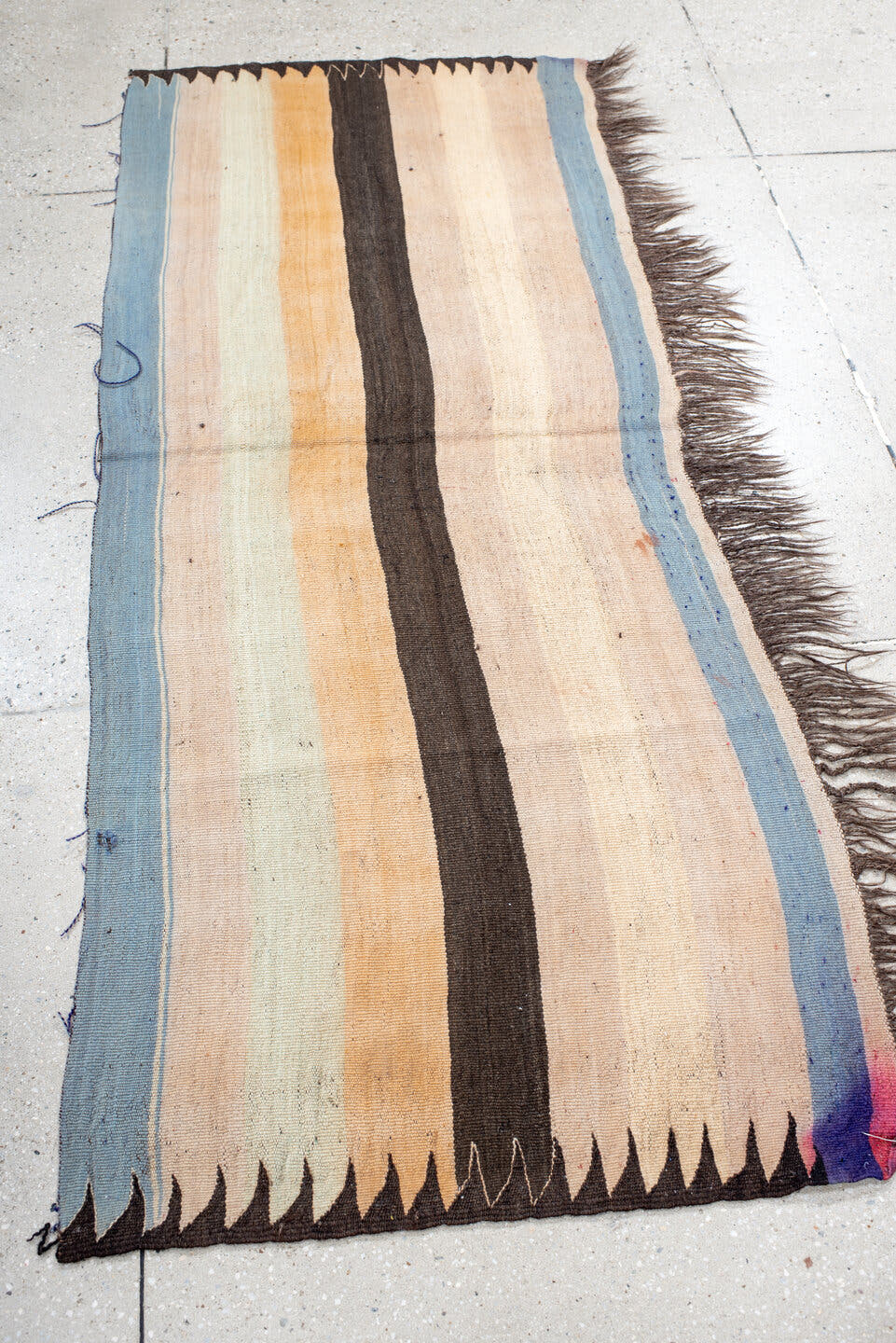 2' x 6' one-of-a-kind handmade vintage runner rug. Color palette: ivory, pale blue, peach, brown, cream, charcoal, lavender