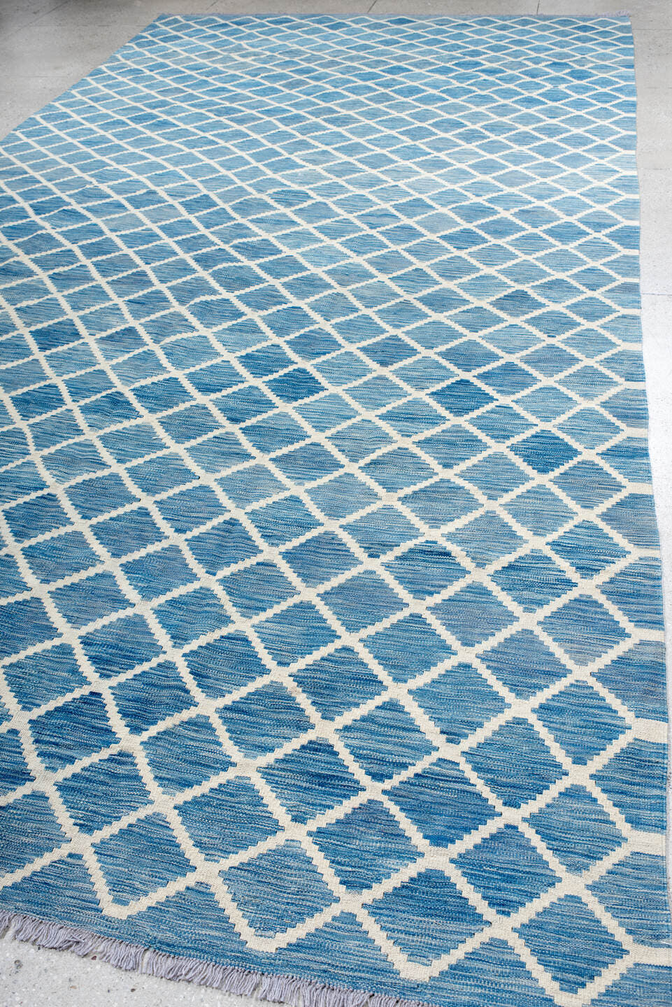 8' x 16' one-of-a-kind handmade vintage Kilim rug. Color palette: sky blue, ivory, powder blue, light blue