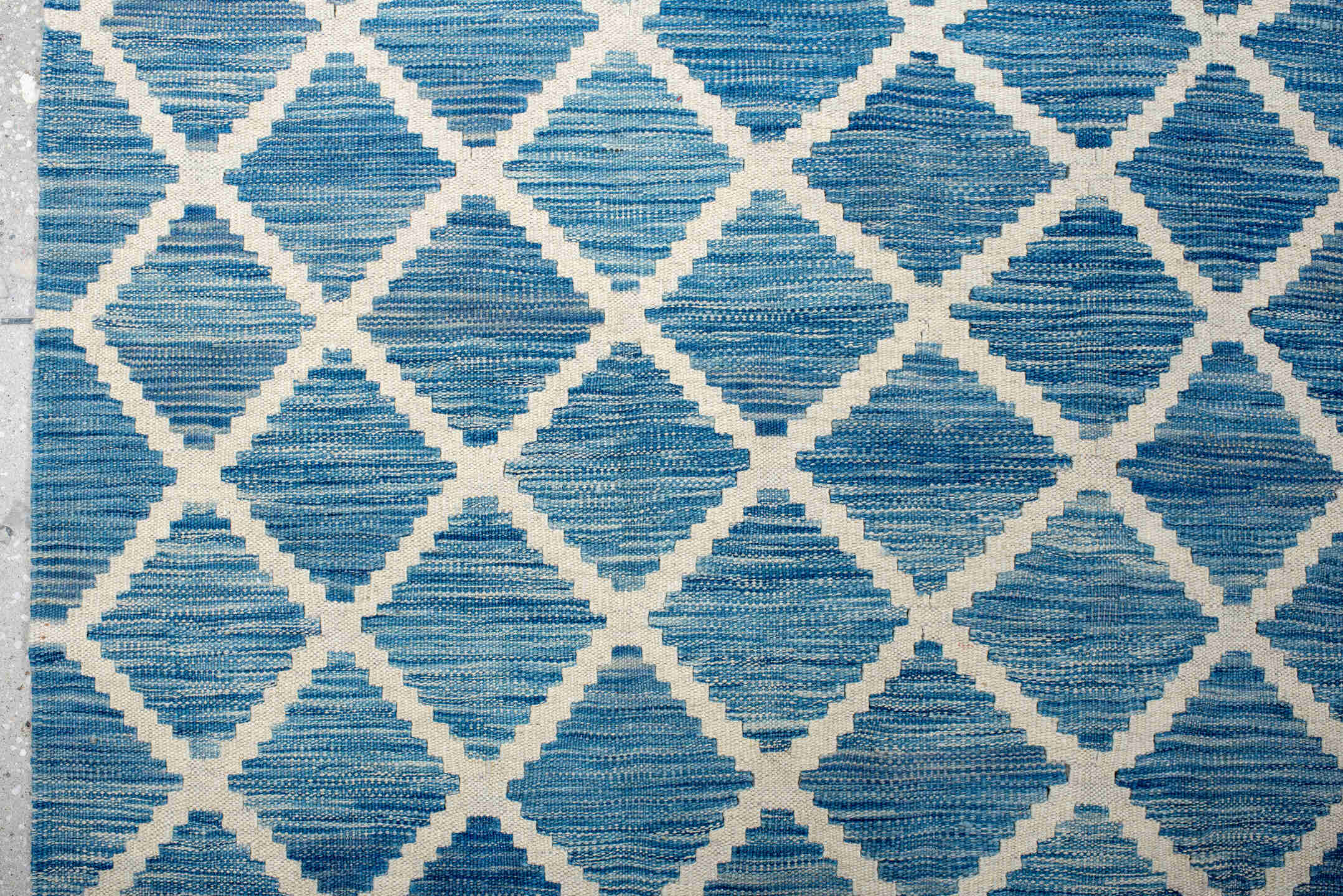 8' x 16' one-of-a-kind handmade vintage Kilim rug. Color palette: sky blue, ivory, powder blue, light blue