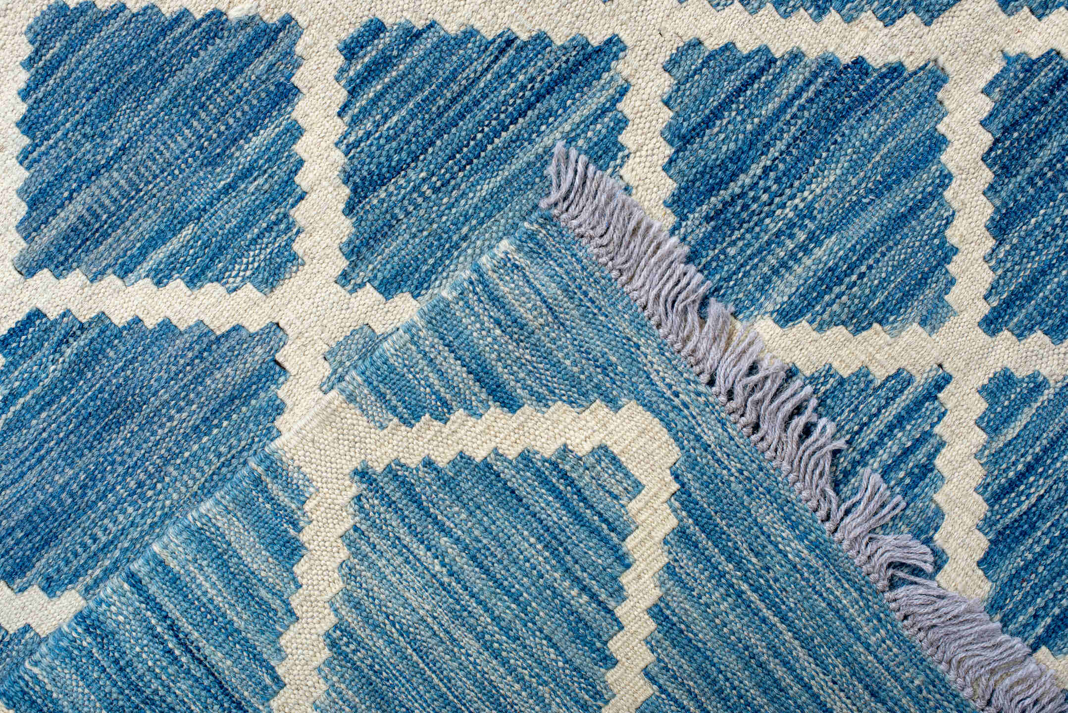 8' x 16' one-of-a-kind handmade vintage Kilim rug. Color palette: sky blue, ivory, powder blue, light blue