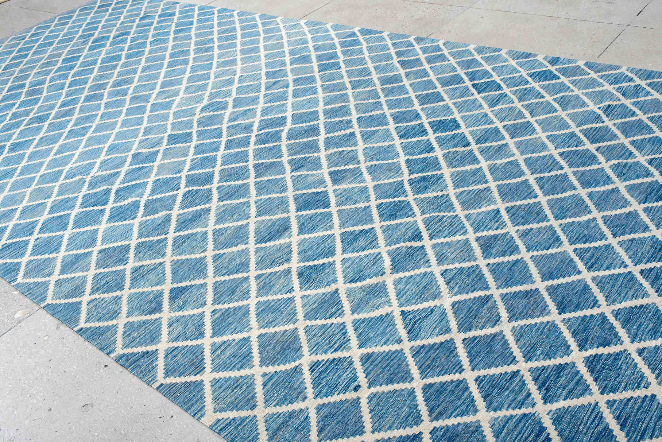 8' x 16' one-of-a-kind handmade vintage Kilim rug. Color palette: sky blue, ivory, powder blue, light blue