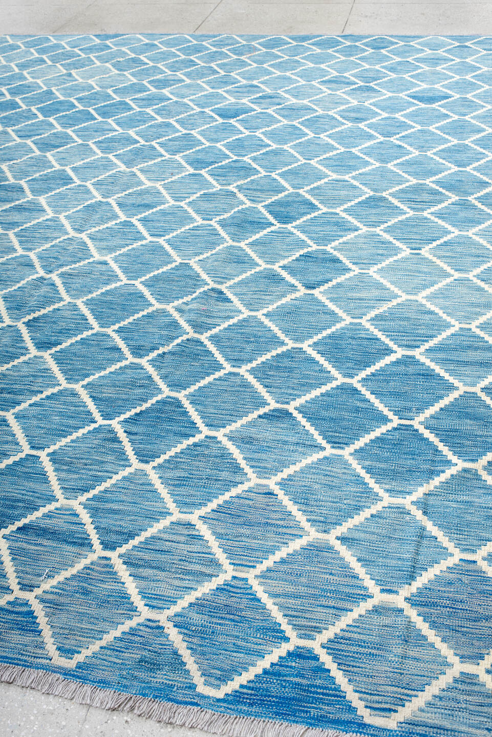 10' x 13' one-of-a-kind handmade vintage Kilim large size rug. Color palette: sky blue, ivory, aqua, light blue, teal