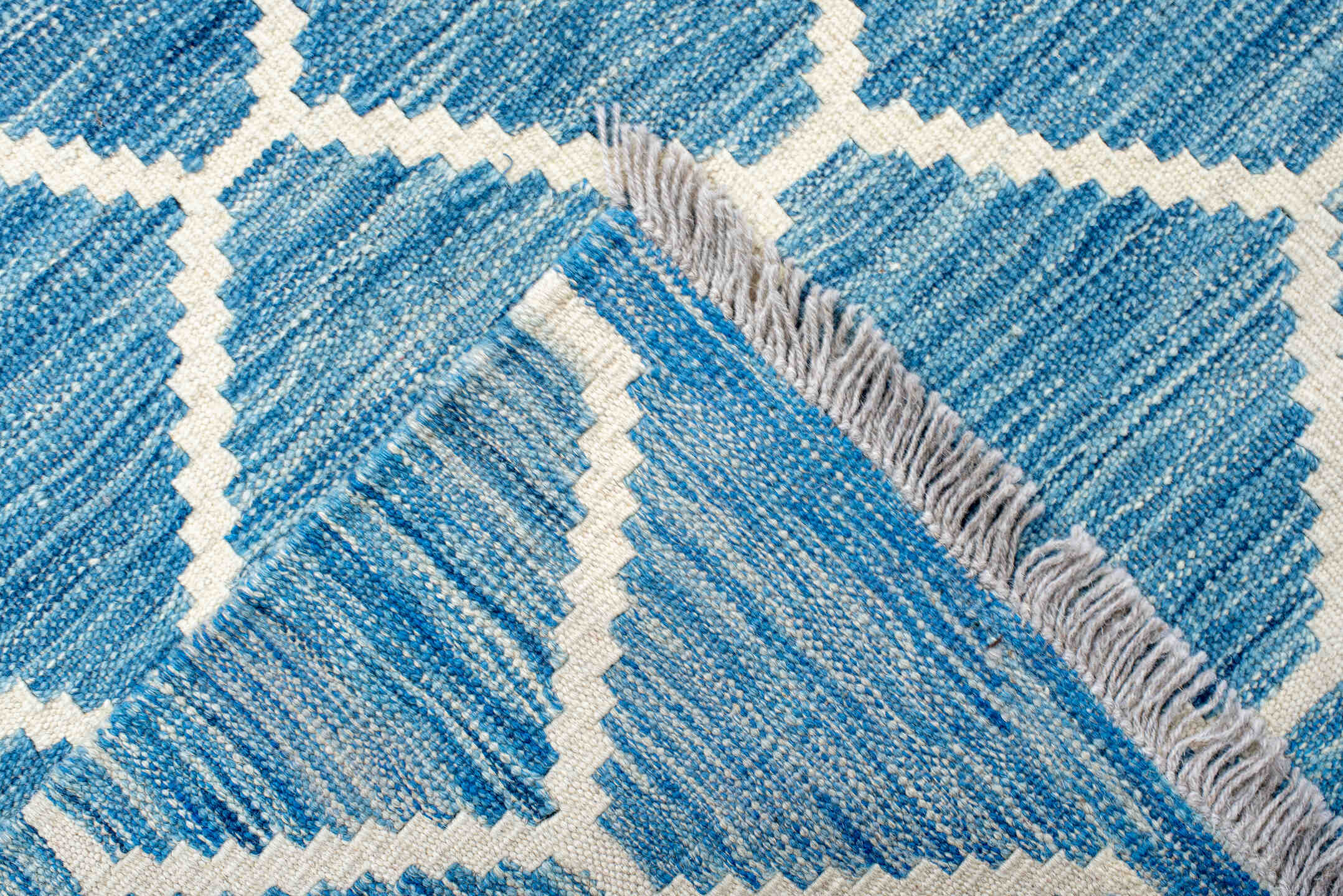 10' x 13' one-of-a-kind handmade vintage Kilim large size rug. Color palette: antiquewhite, blue, gray, honeydew, light blue