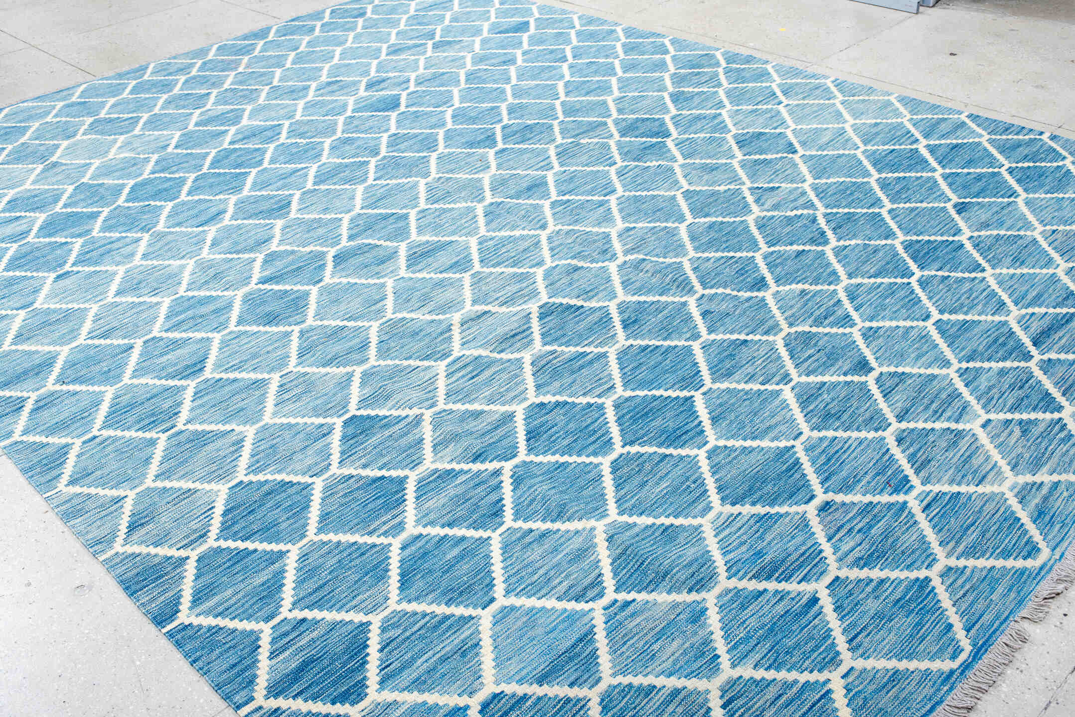 10' x 13' one-of-a-kind handmade vintage Kilim large size rug. Color palette: sky blue, ivory, aqua, light blue, teal