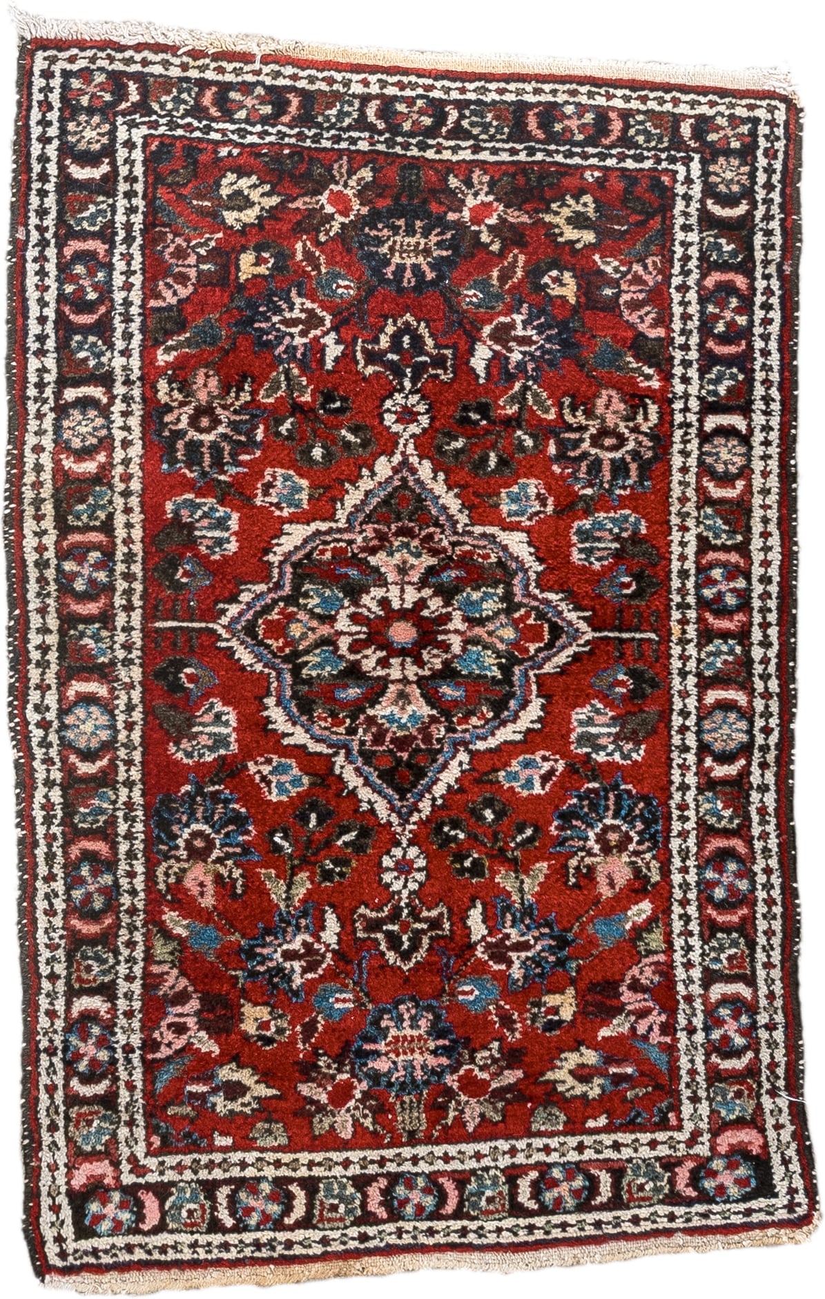 2' x 3' one-of-a-kind handmade antique Dargazin small size rug. Color palette: rust, ivory, navy, sky blue, pink, charcoal