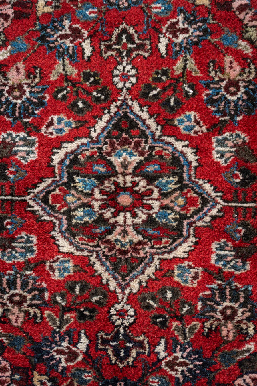 2' x 3' one-of-a-kind handmade antique Dargazin small size rug. Color palette: rust, ivory, navy, sky blue, pink, charcoal