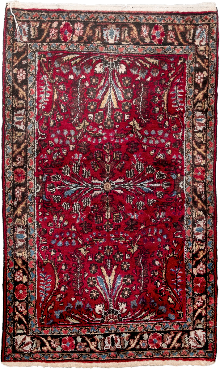 2' x 4' one-of-a-kind handmade antique Dargazin small size rug. Color palette: crimson, ivory, espresso, sky_blue, rose