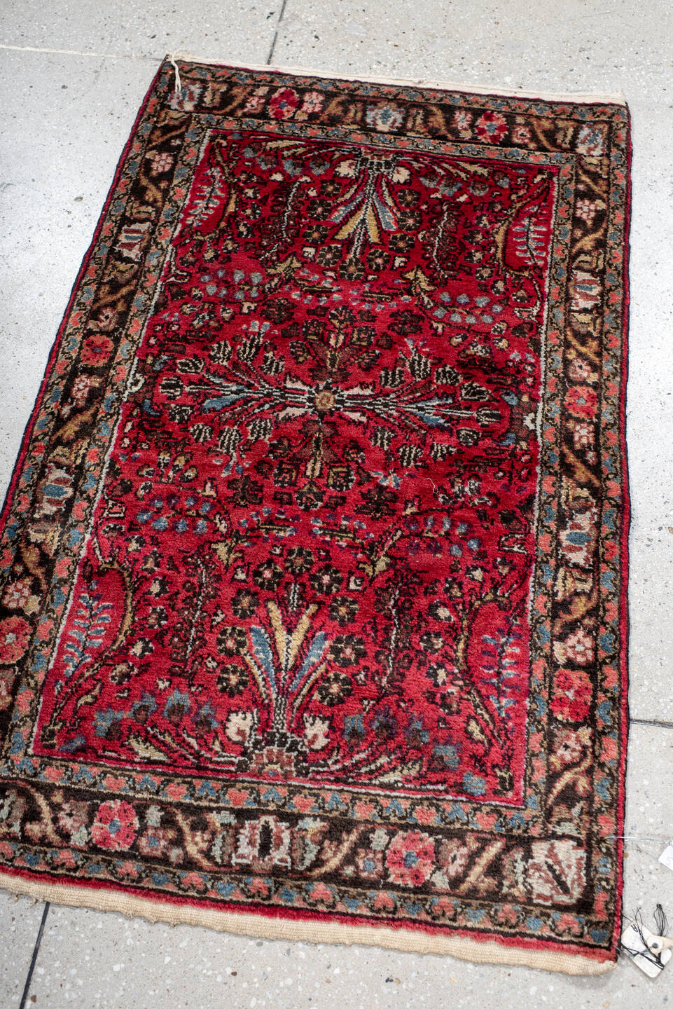2' x 4' one-of-a-kind handmade antique Dargazin small size rug. Color palette: crimson, ivory, espresso, sky_blue, rose