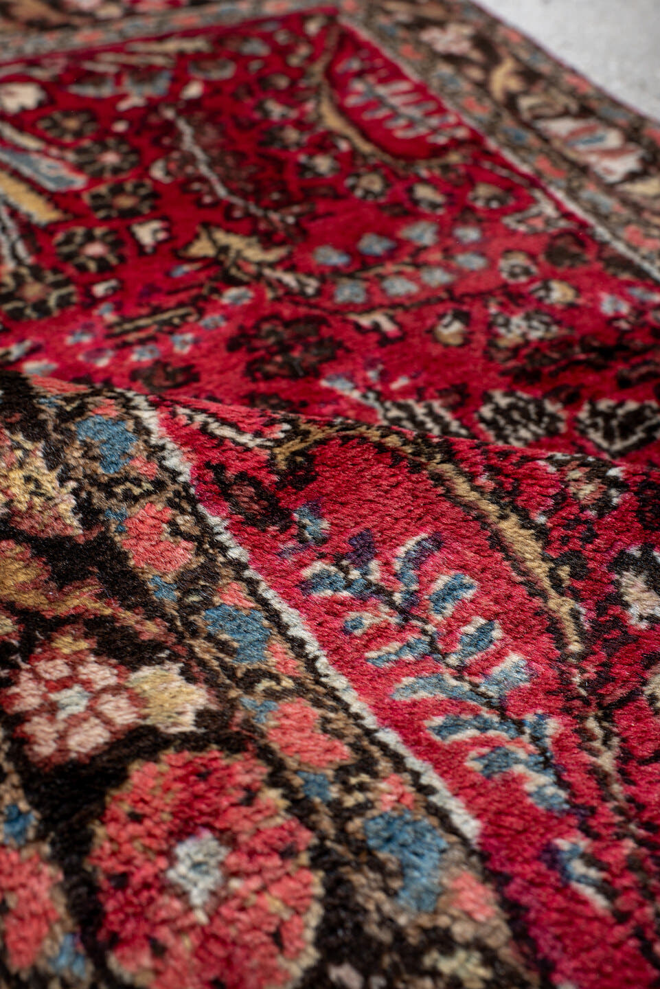 2' x 4' one-of-a-kind handmade antique Dargazin small size rug. Color palette: crimson, ivory, espresso, sky_blue, rose