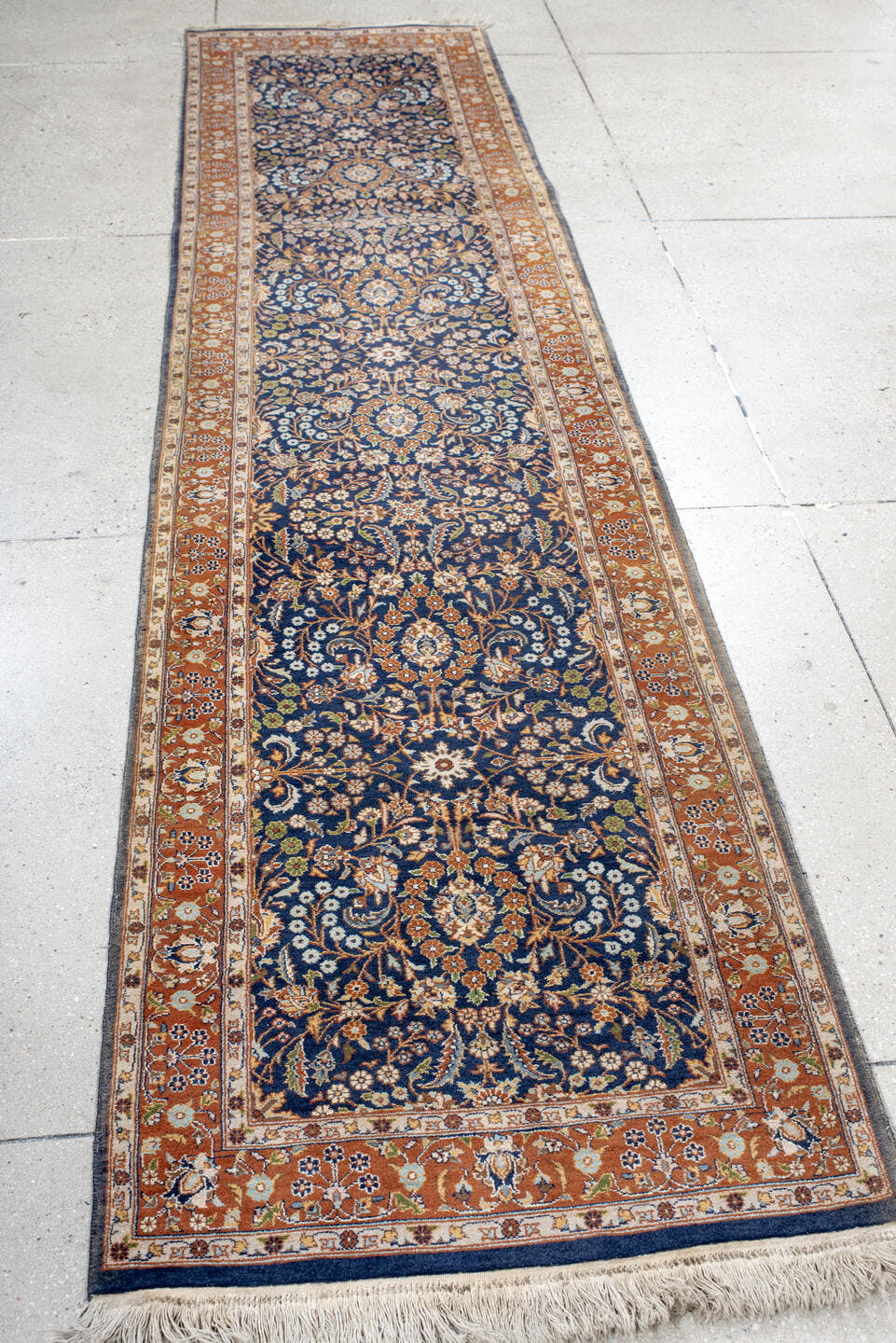 2' x 10' one-of-a-kind handmade vintage Kashmir runner rug. Color palette: navy, camel, ivory, gold, rust, slate, taupe