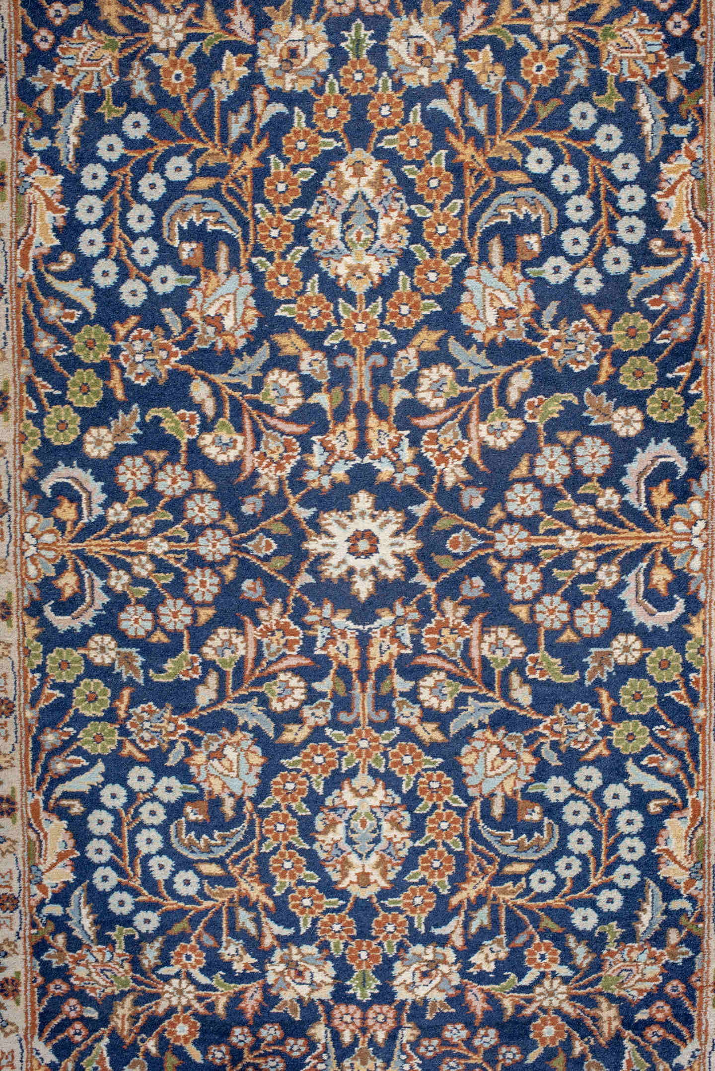 2' x 10' one-of-a-kind handmade vintage Kashmir runner rug. Color palette: navy, camel, ivory, gold, rust, slate, taupe