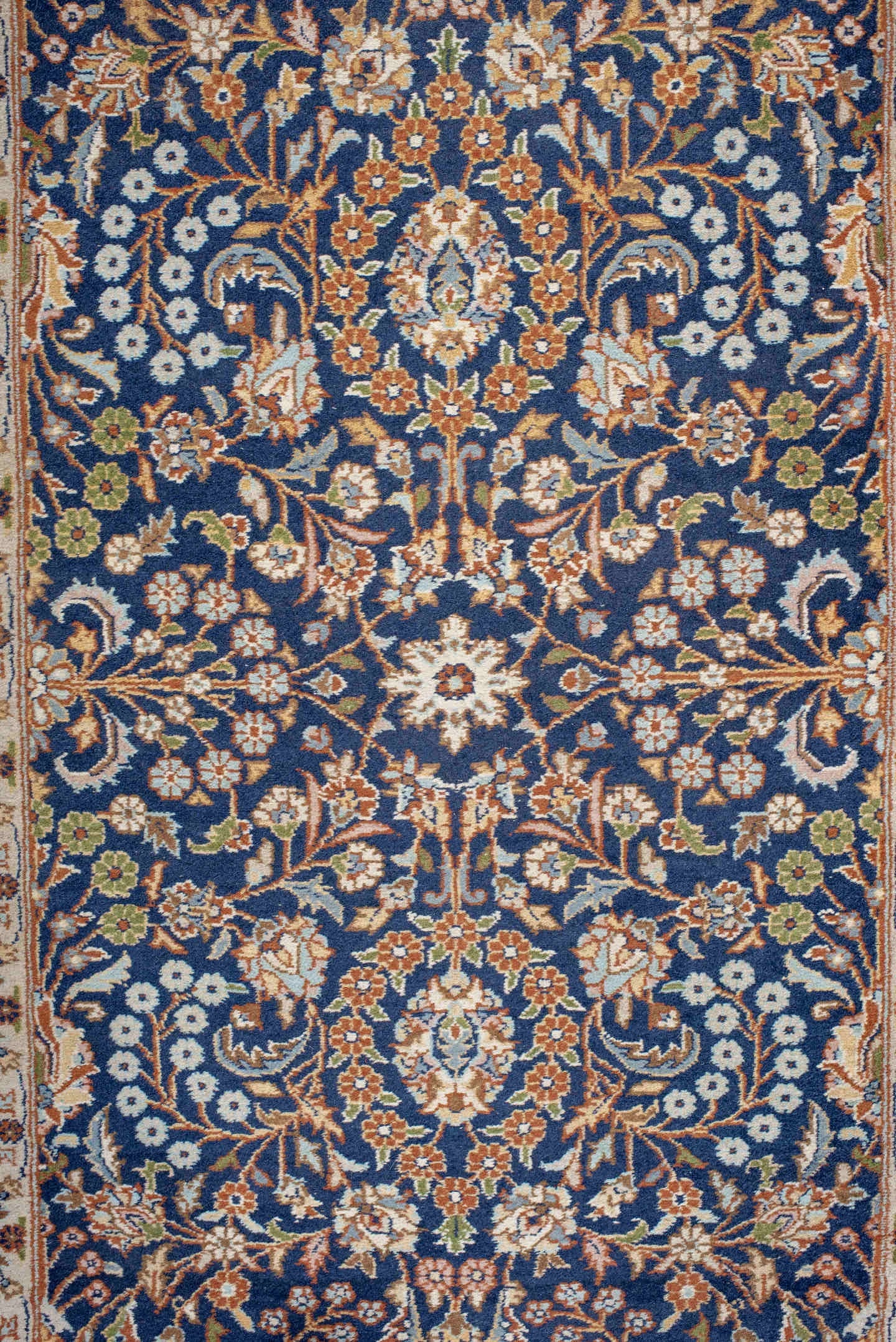 2' x 10' one-of-a-kind handmade vintage Kashmir runner rug. Color palette: navy, camel, ivory, gold, rust, slate, taupe