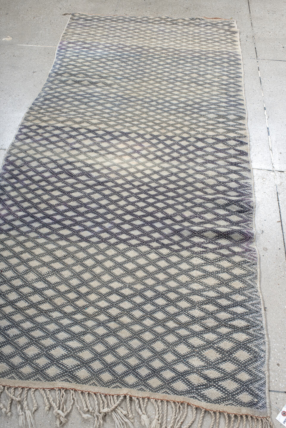3' x 8' one-of-a-kind handmade vintage Kilim runner rug. Color palette: ivory, charcoal, slate, taupe, lavender, gray, black