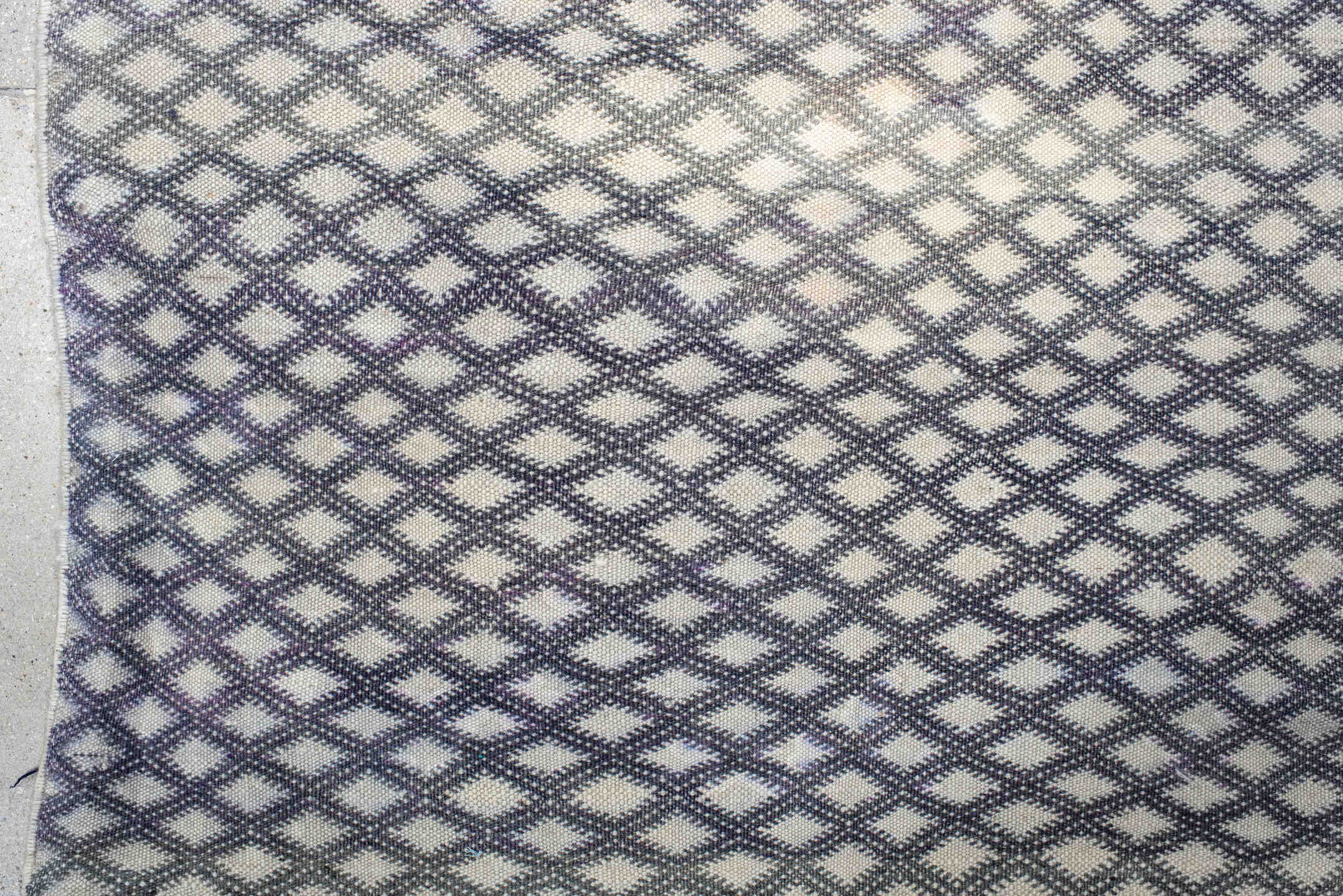 3' x 8' one-of-a-kind handmade vintage Kilim runner rug. Color palette: ivory, charcoal, slate, taupe, lavender, gray, black