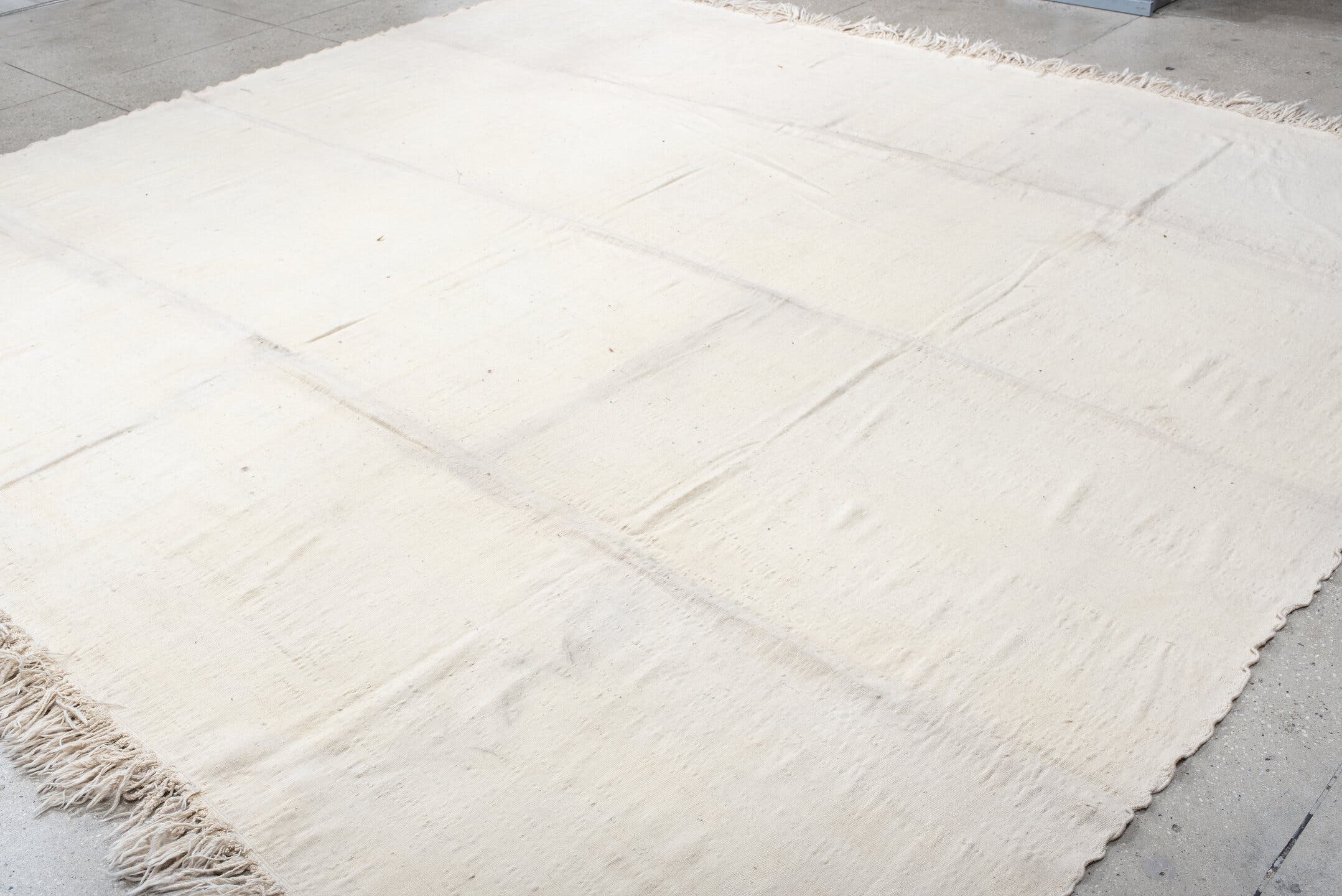 11' x 13' one-of-a-kind handmade vintage Kilim oversize rug. Color palette: ivory, cream, taupe, beige, gray