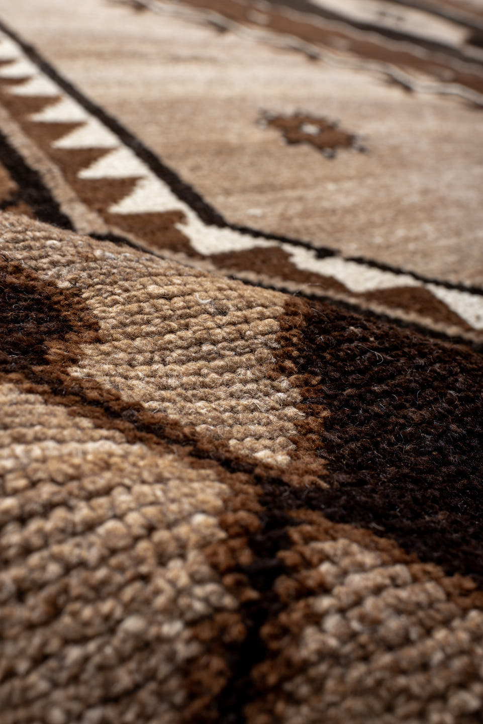 10' x 12' one-of-a-kind handmade antique Kars large size rug. Color palette: camel, ivory, brown, charcoal, taupe, beige