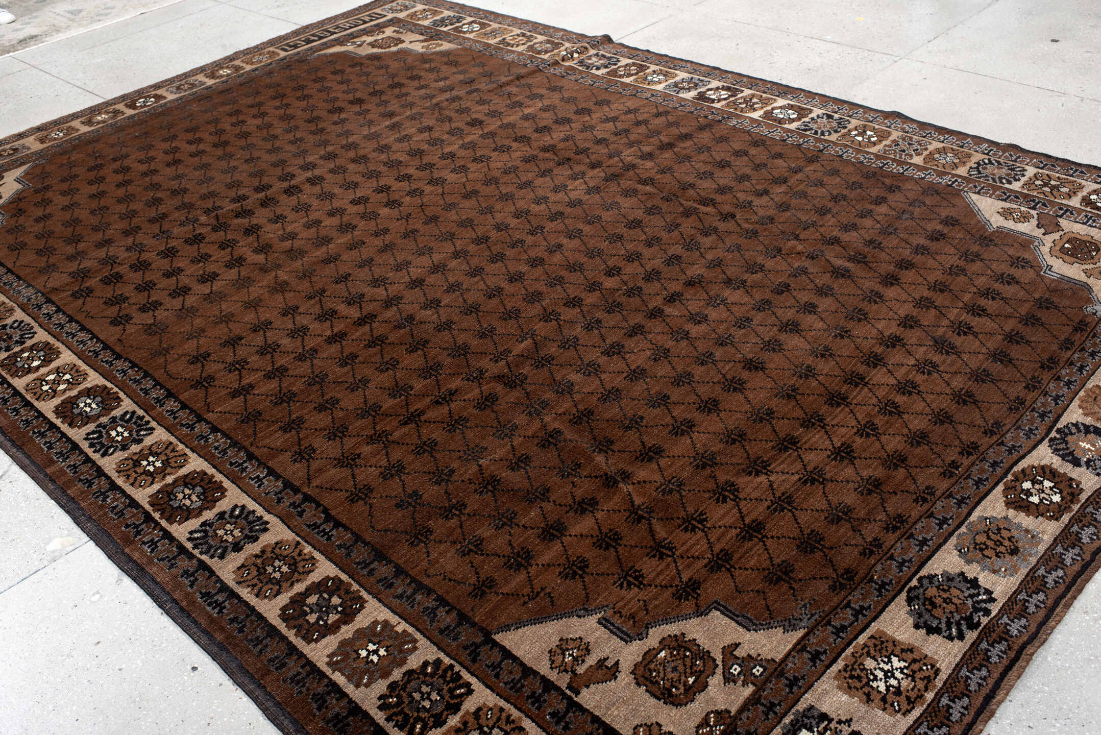8' x 12' one-of-a-kind handmade vintage Kars large size rug. Color palette: brown, gray, off-white, orange, pink