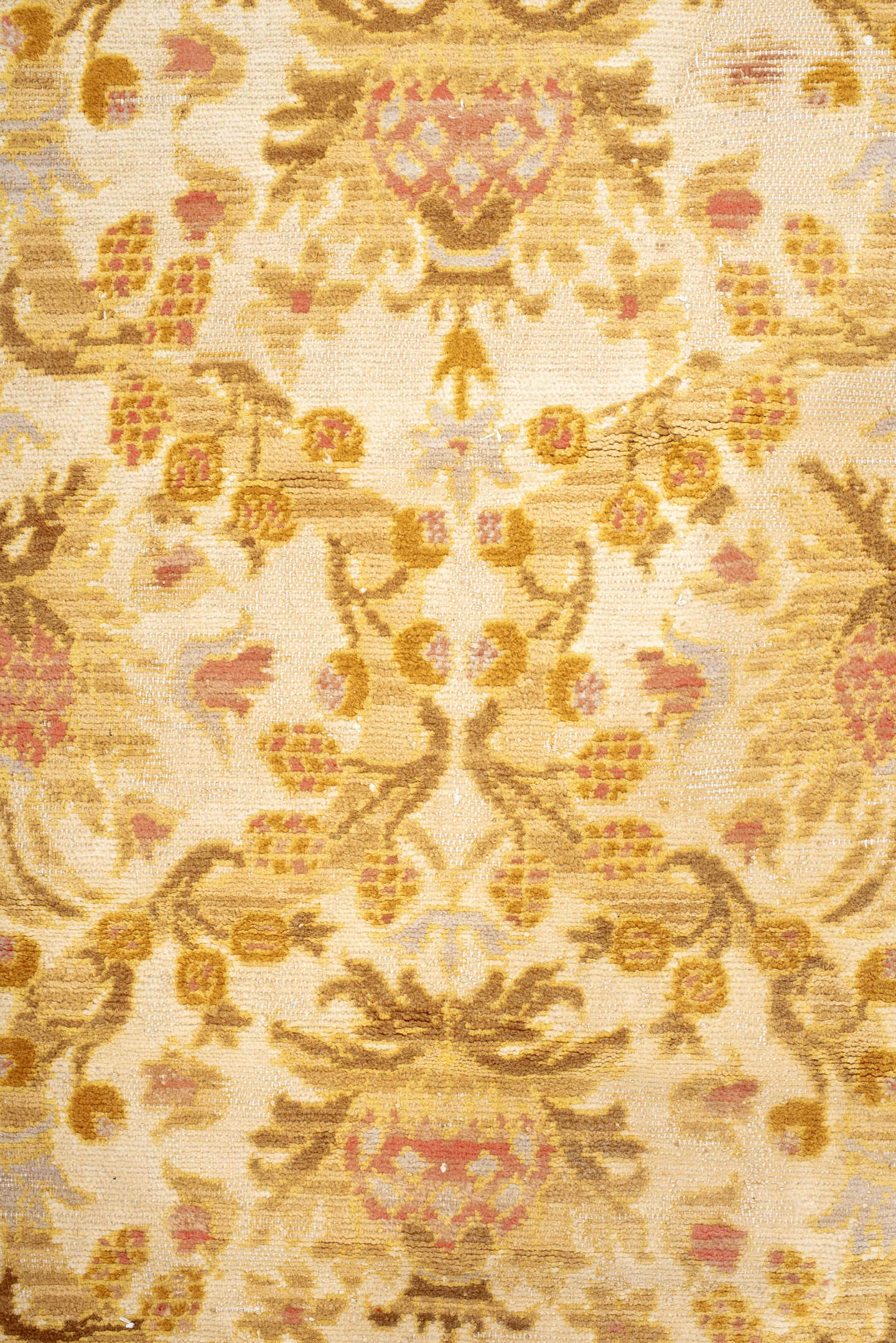 12' x 21' one-of-a-kind handmade vintage Cuenca oversize rug. Color palette: ivory, gold, camel, blush, cream, taupe, beige