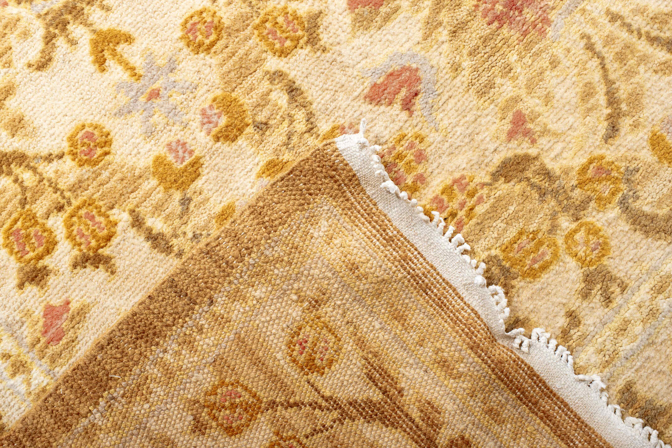 12' x 21' one-of-a-kind handmade vintage Cuenca oversize rug. Color palette: ivory, gold, camel, blush, cream, taupe, beige
