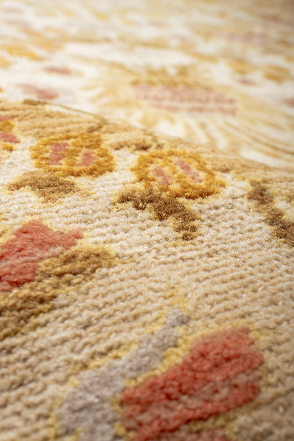 12' x 21' one-of-a-kind handmade vintage Cuenca oversize rug. Color palette: ivory, gold, camel, blush, cream, taupe, beige