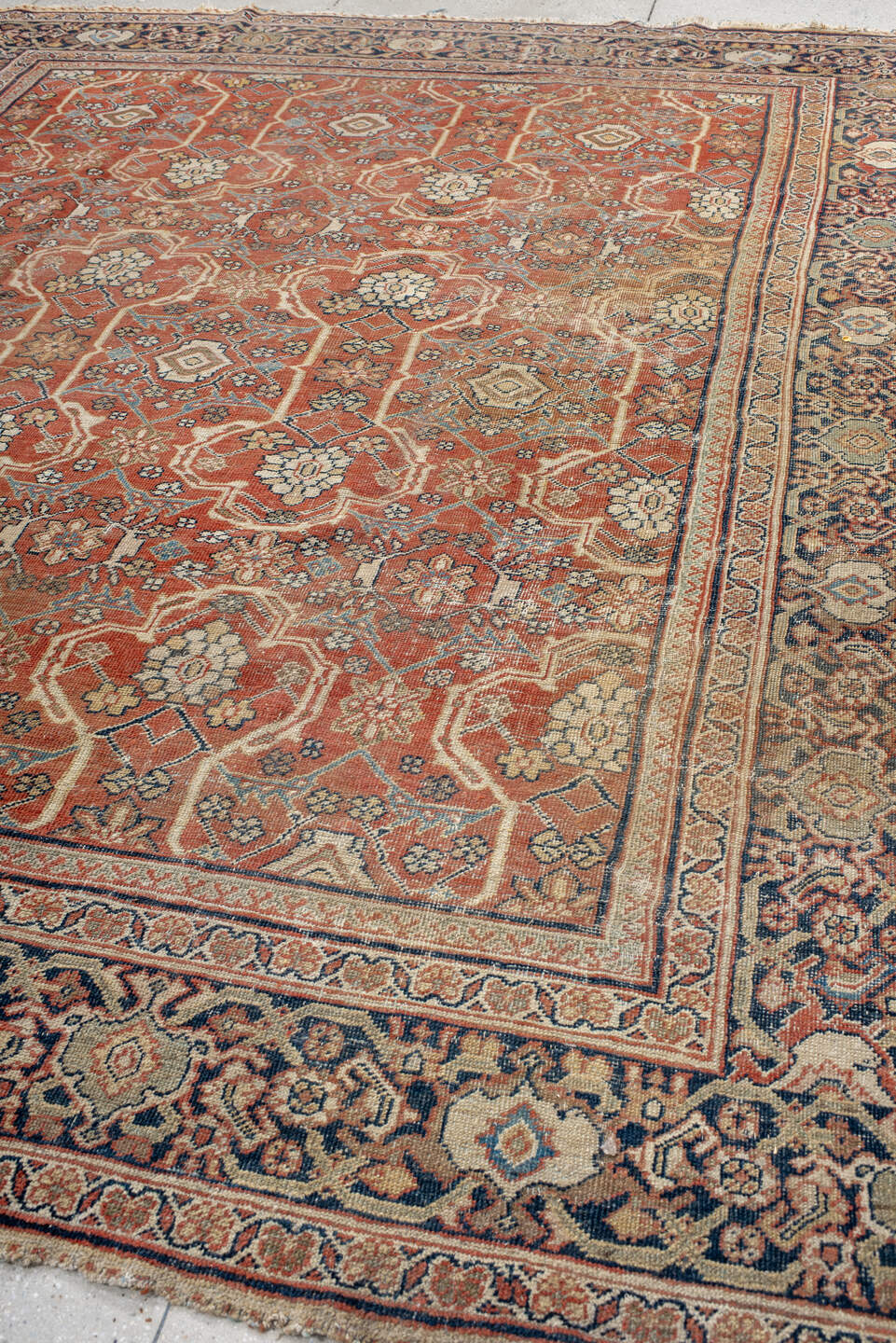 9' x 11' one-of-a-kind handmade vintage Mahal large size rug. Color palette: terra cotta, navy, ivory, camel, taupe, slate