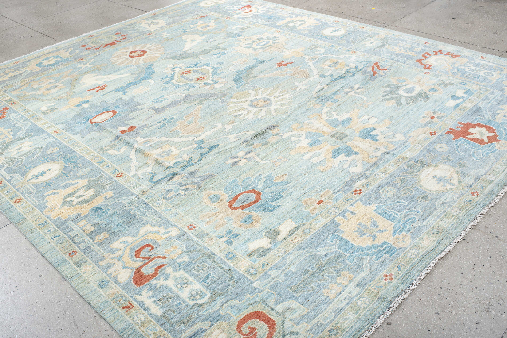 10' x 11' one-of-a-kind handmade vintage Sultanabad large size rug. Color palette: blue, brown, gray, light blue, light gray