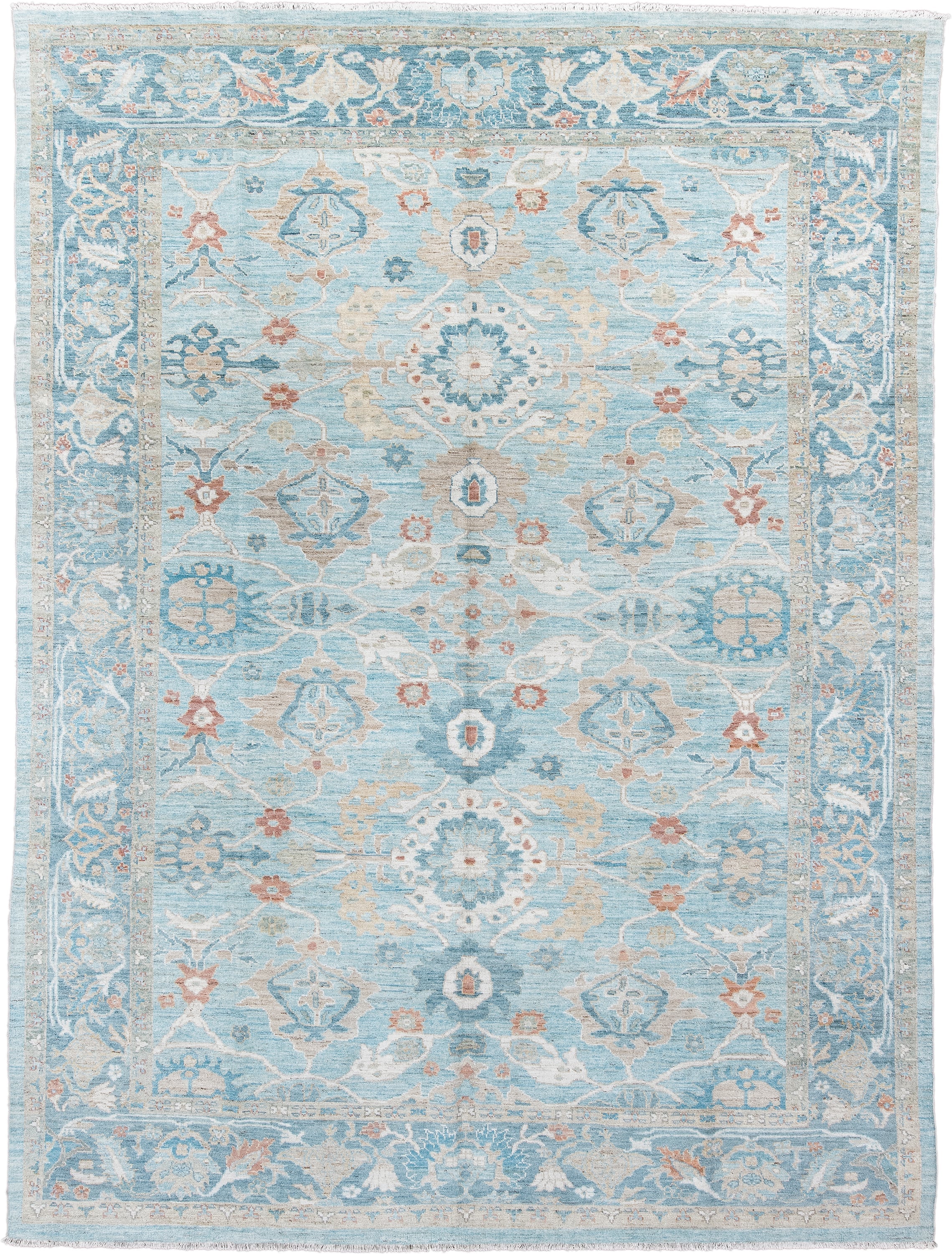 10' x 13' one-of-a-kind handmade vintage Sultanabad large size rug. Color palette: light blue, ivory, beige, sky blue, rust