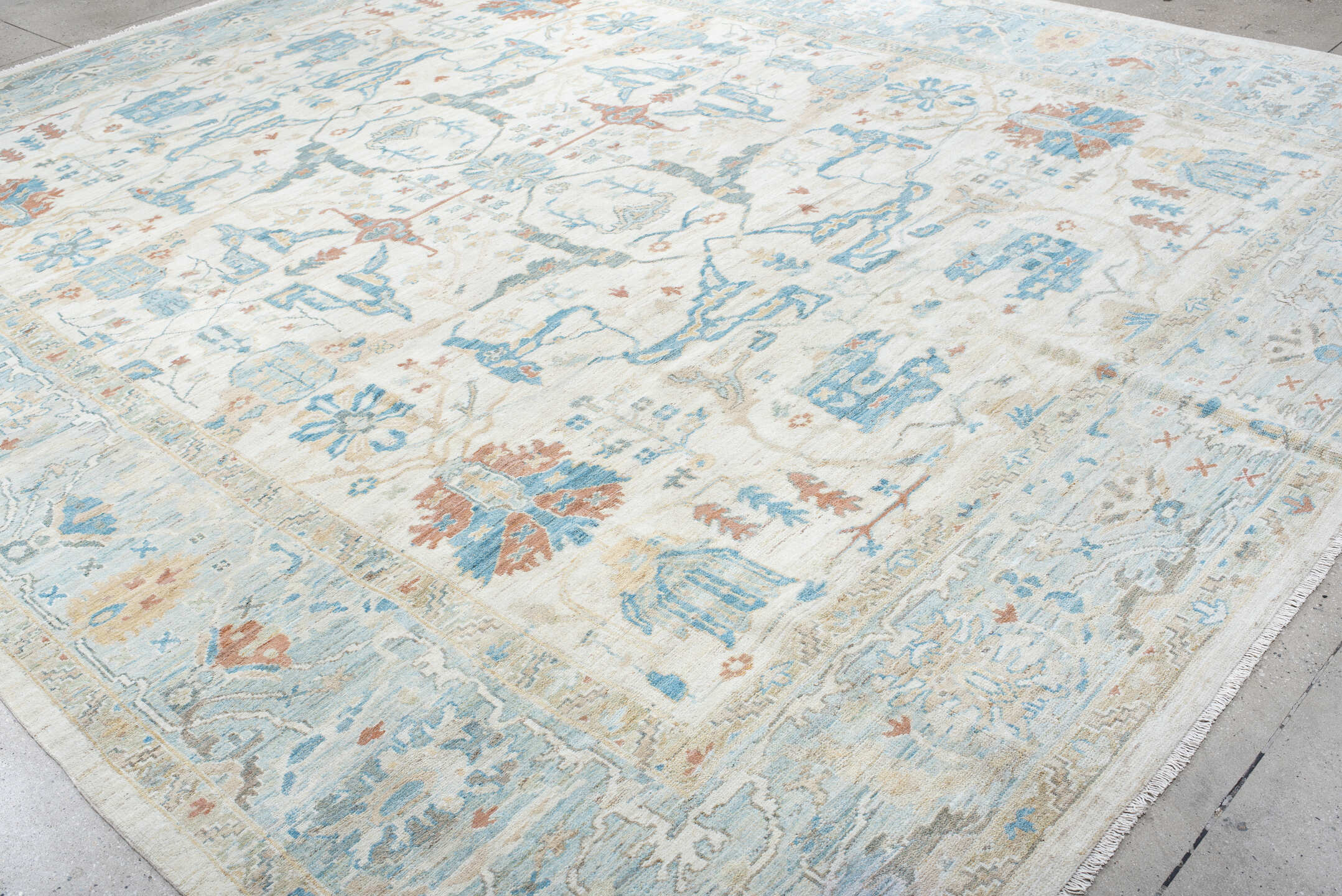 12' x 15' one-of-a-kind handmade vintage Sultanabad oversize rug. Color palette: ivory, sky_blue, aqua, taupe, coral, beige