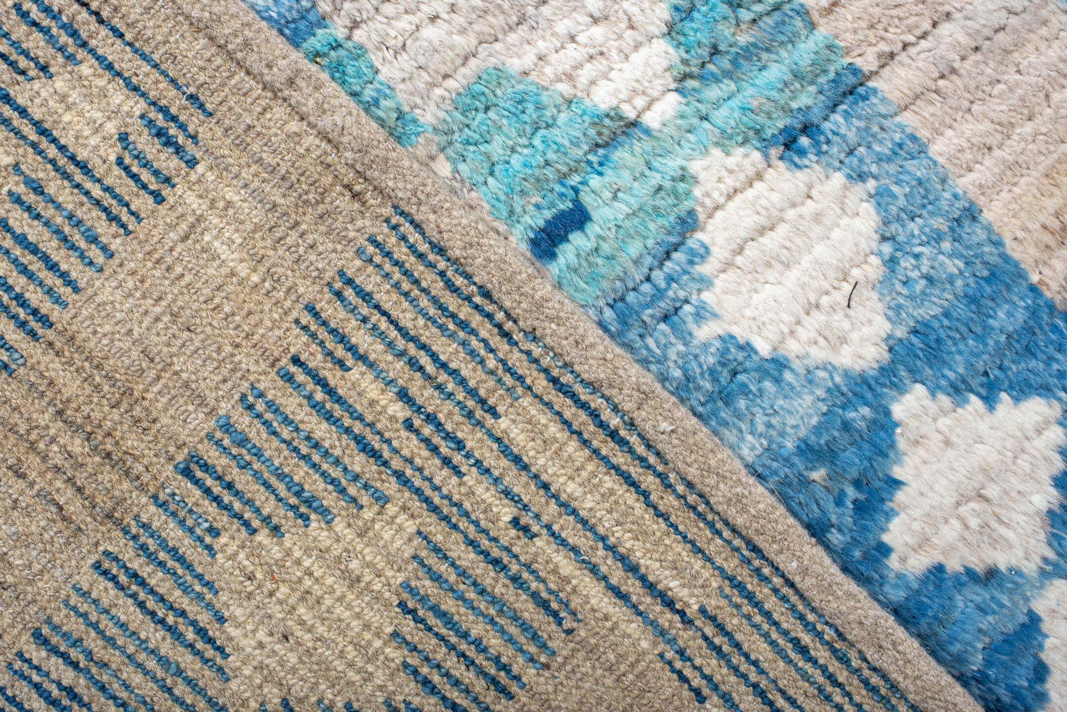 10' x 13' one-of-a-kind handmade vintage Tulu large size rug. Color palette: ivory, sky blue, taupe, gray, light blue, beige