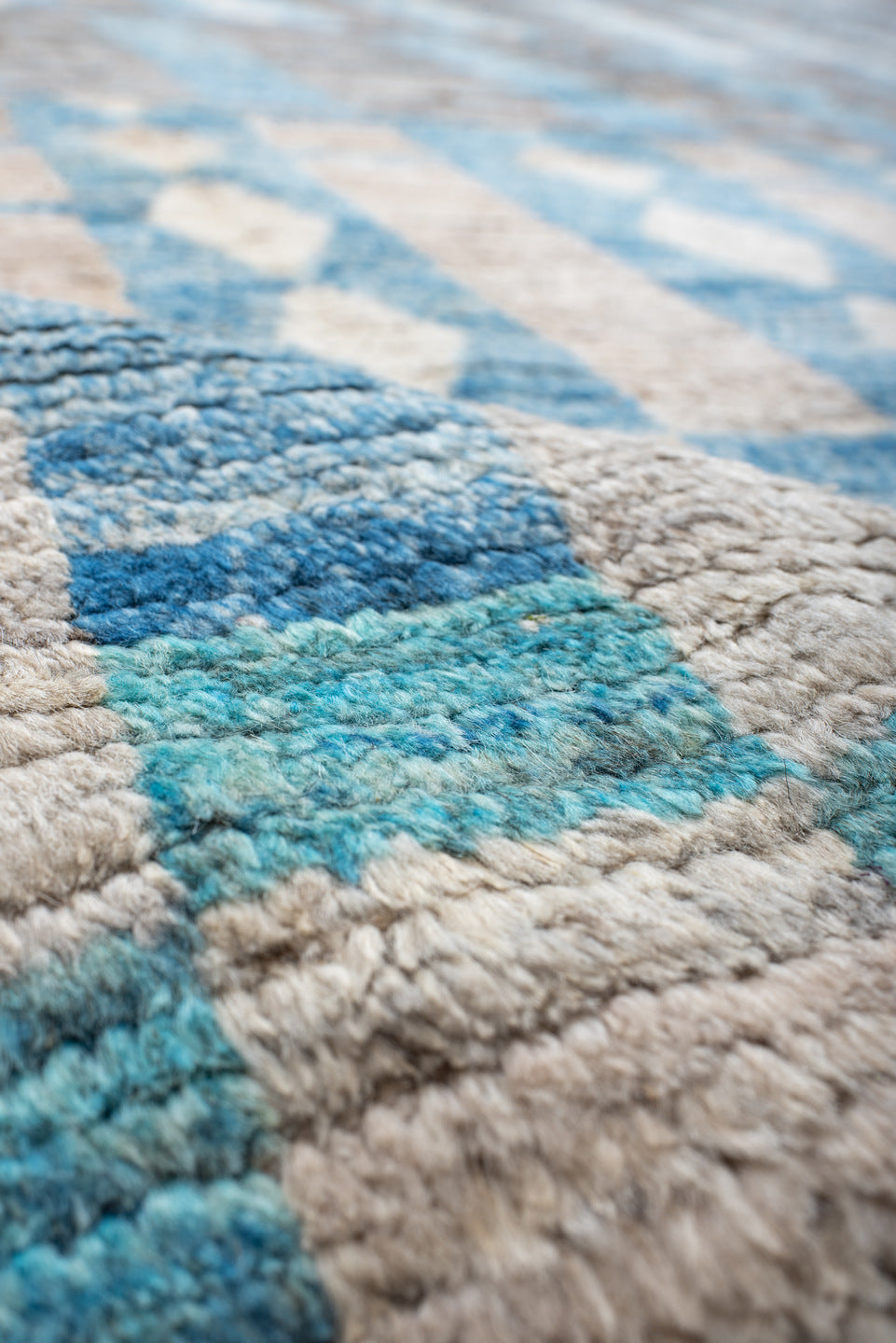 10' x 13' one-of-a-kind handmade vintage Tulu large size rug. Color palette: ivory, sky blue, taupe, gray, light blue, beige