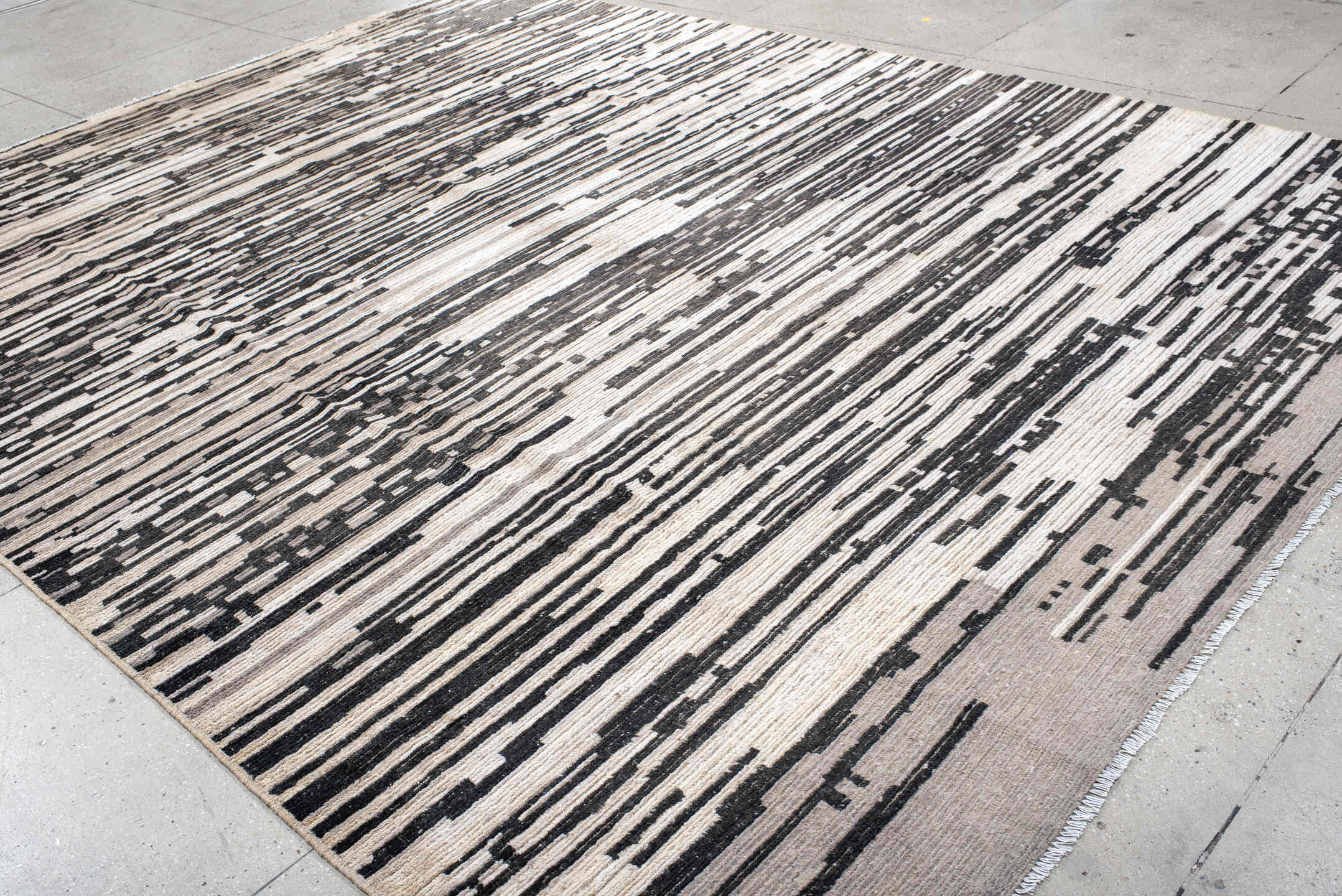 10' x 13' one-of-a-kind handmade vintage Tulu large size rug. Color palette: ivory, charcoal, gray, black, taupe, beige