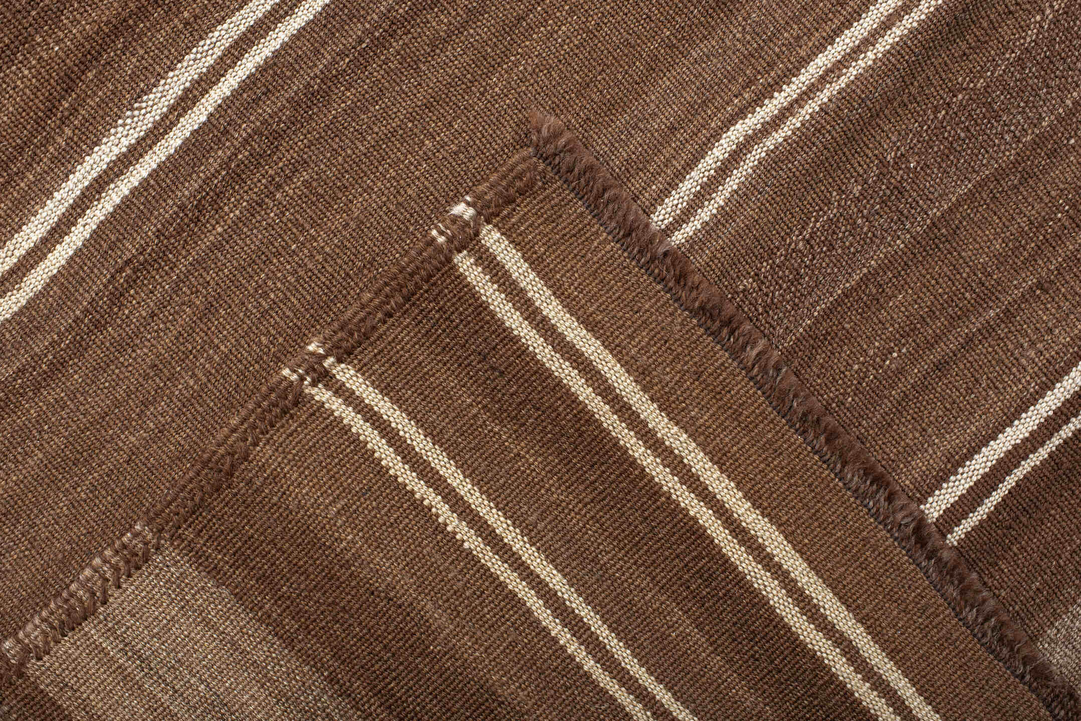 9' x 12' one-of-a-kind handmade vintage Kilim large size rug. Color palette: brown, taupe, camel, ivory, beige, gray