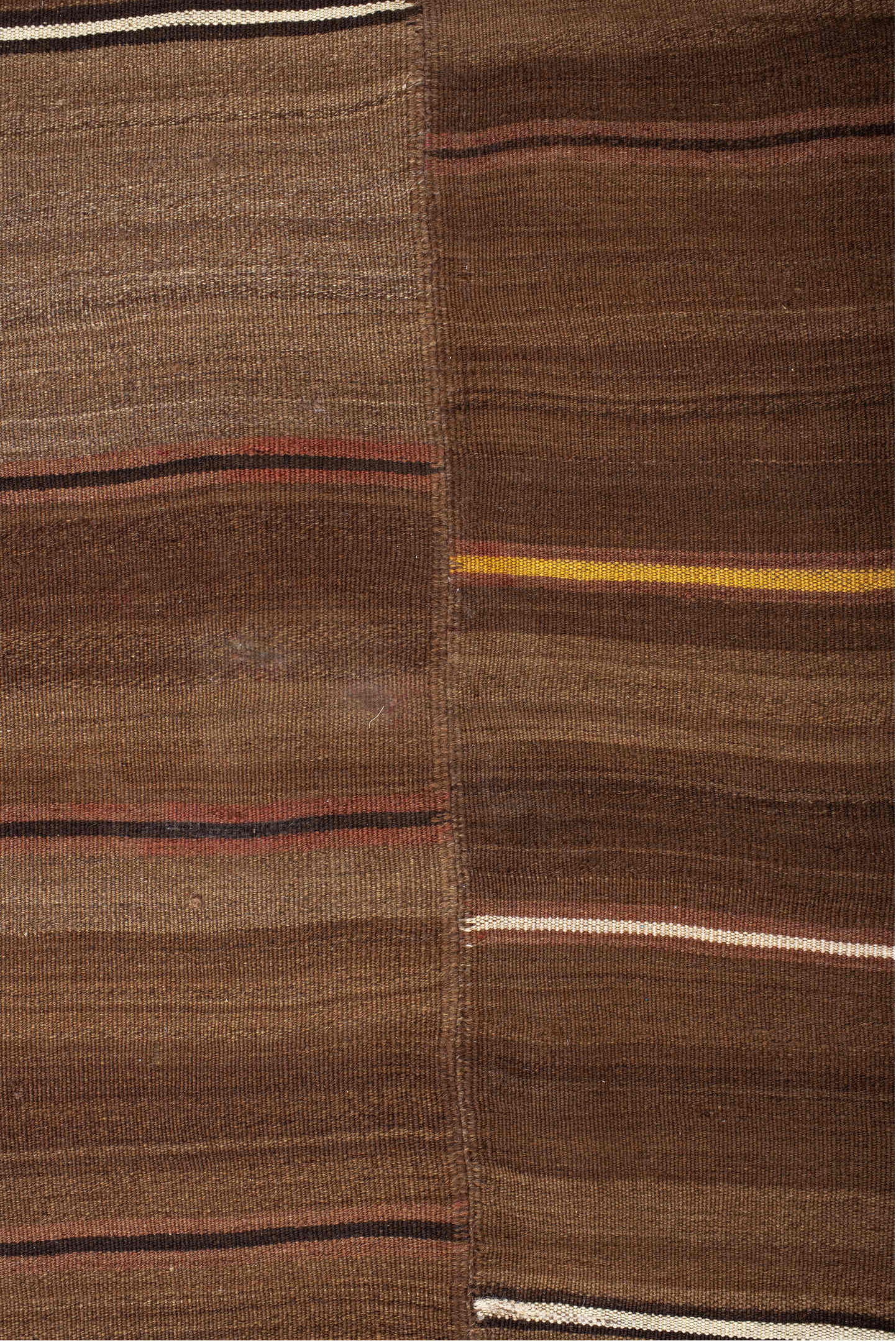 7' x 11' one-of-a-kind handmade vintage Kilim large size rug. Color palette: brown, taupe, camel, ivory, rose, charcoal