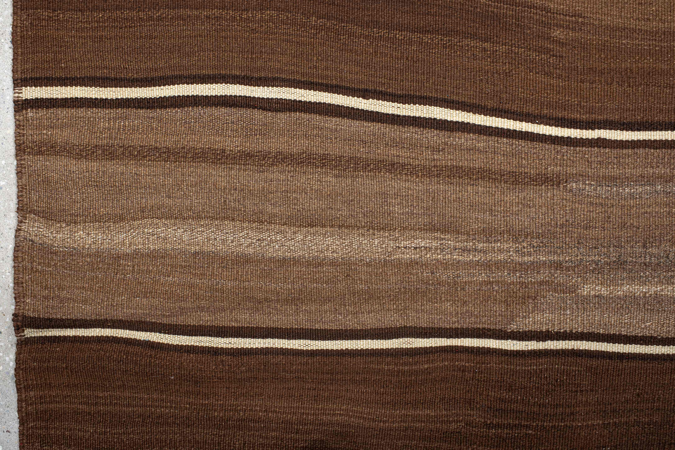 7' x 11' one-of-a-kind handmade vintage Kilim large size rug. Color palette: brown, taupe, camel, ivory, rose, charcoal