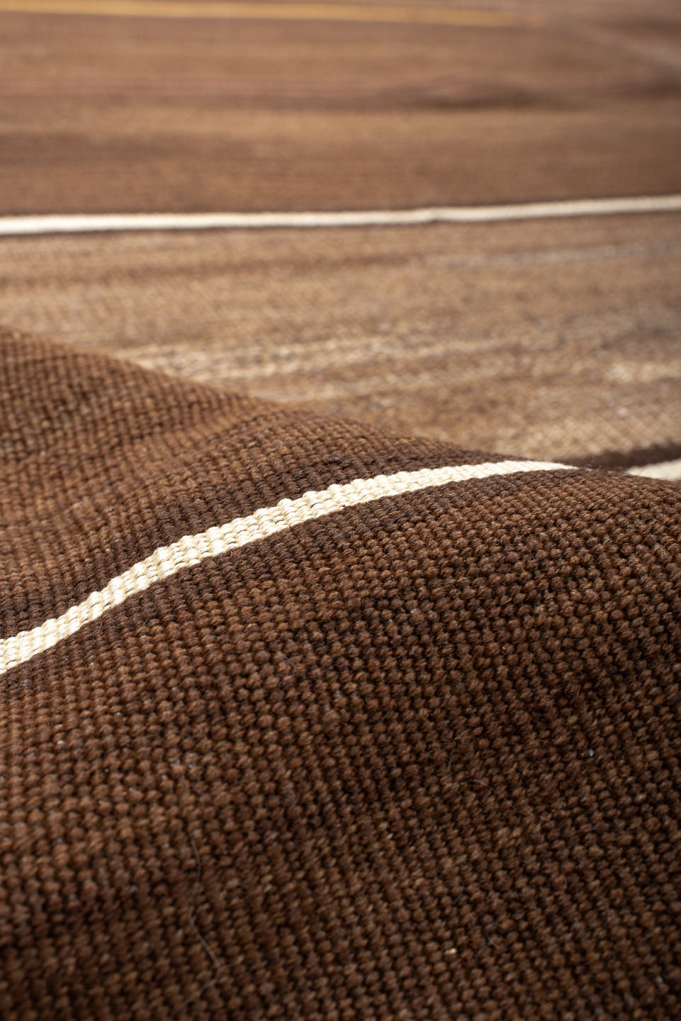 7' x 11' one-of-a-kind handmade vintage Kilim large size rug. Color palette: brown, taupe, camel, ivory, rose, charcoal