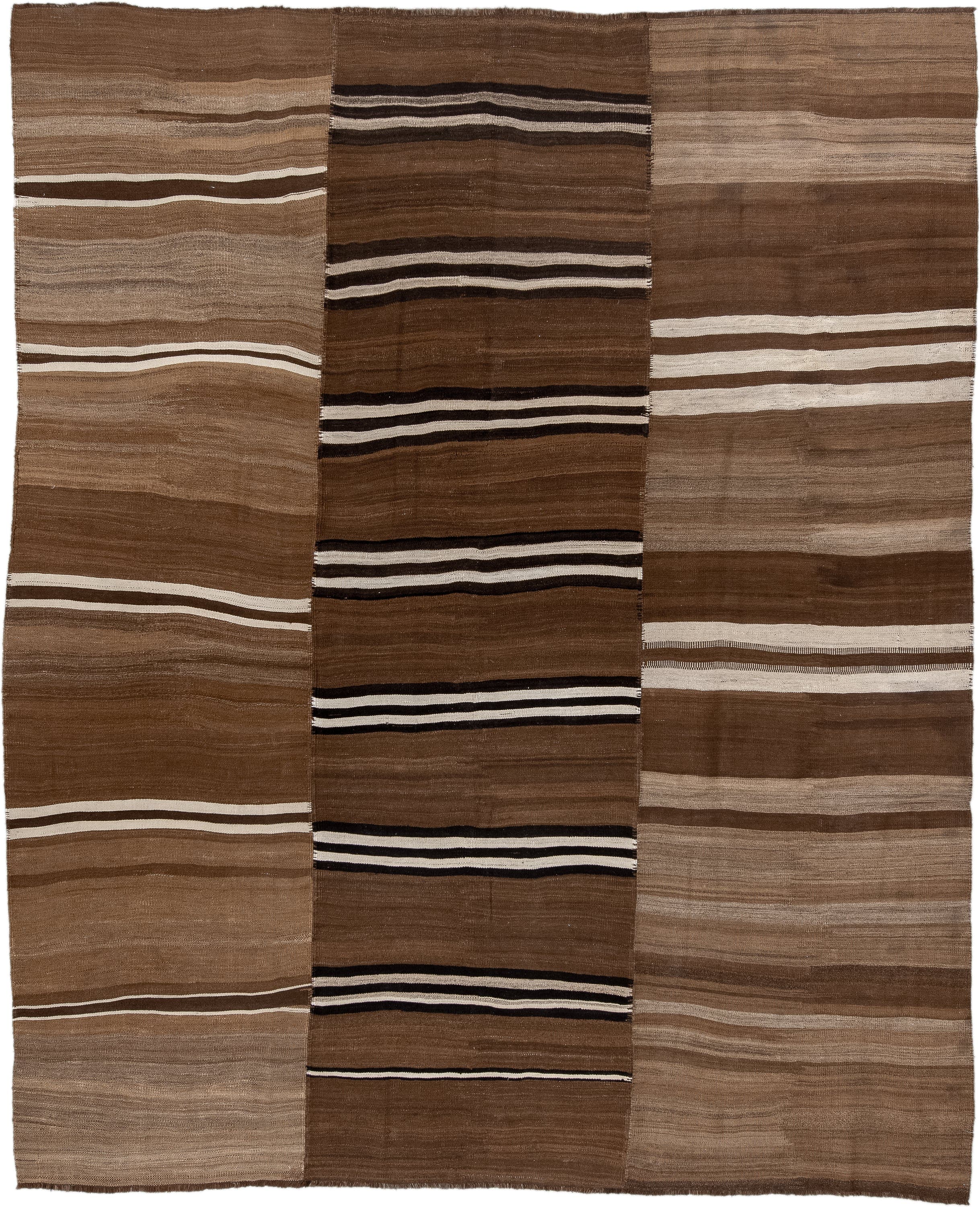 8' x 10' one-of-a-kind handmade vintage Kilim large size rug. Color palette: brown, taupe, ivory, camel, charcoal, beige