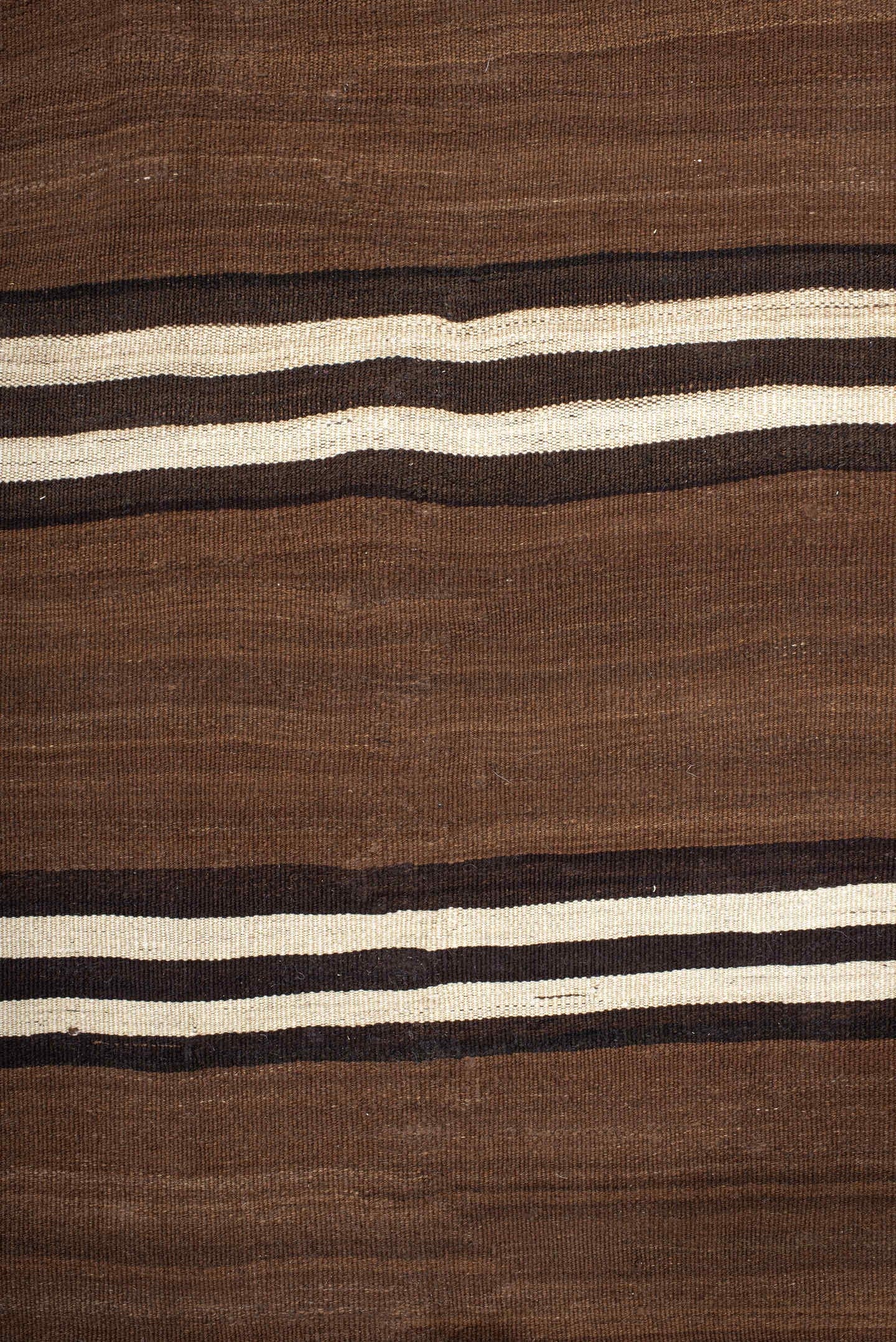 8' x 10' one-of-a-kind handmade vintage Kilim large size rug. Color palette: brown, taupe, ivory, camel, charcoal, beige