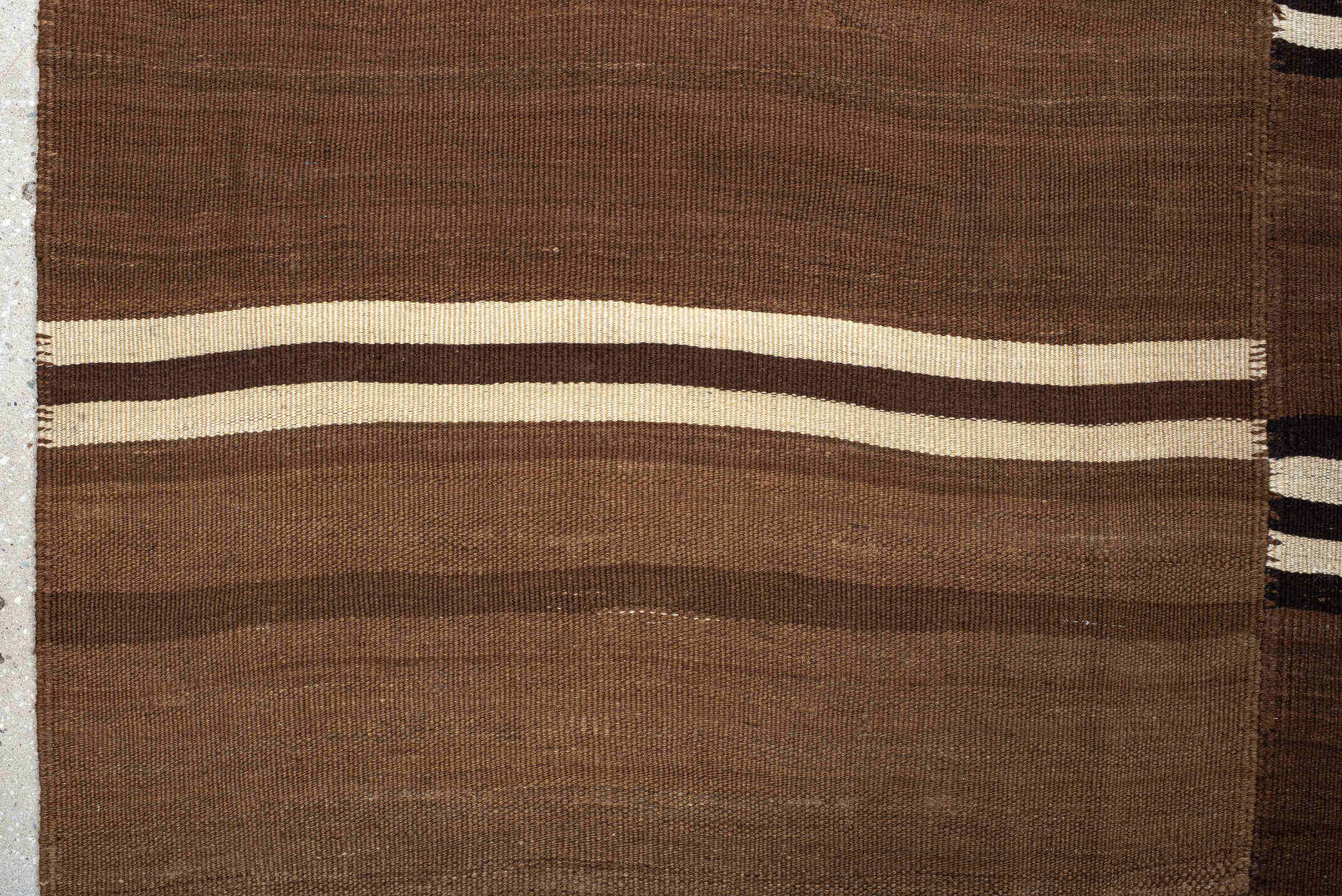 8' x 10' one-of-a-kind handmade vintage Kilim large size rug. Color palette: brown, taupe, ivory, camel, charcoal, beige